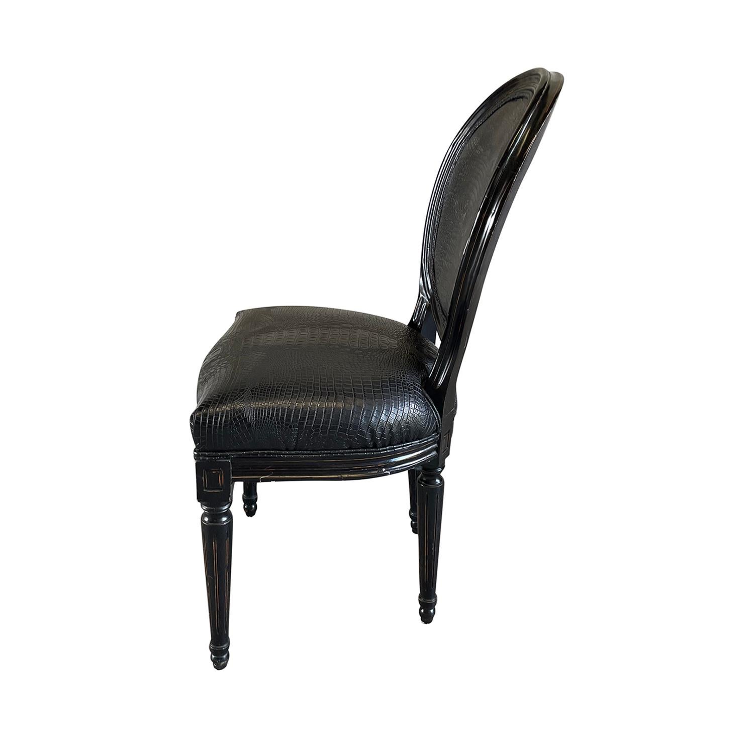 Hand-Carved 19th Century Black French Set of Eight Louis XVI Style Cabriolet Dining Chairs