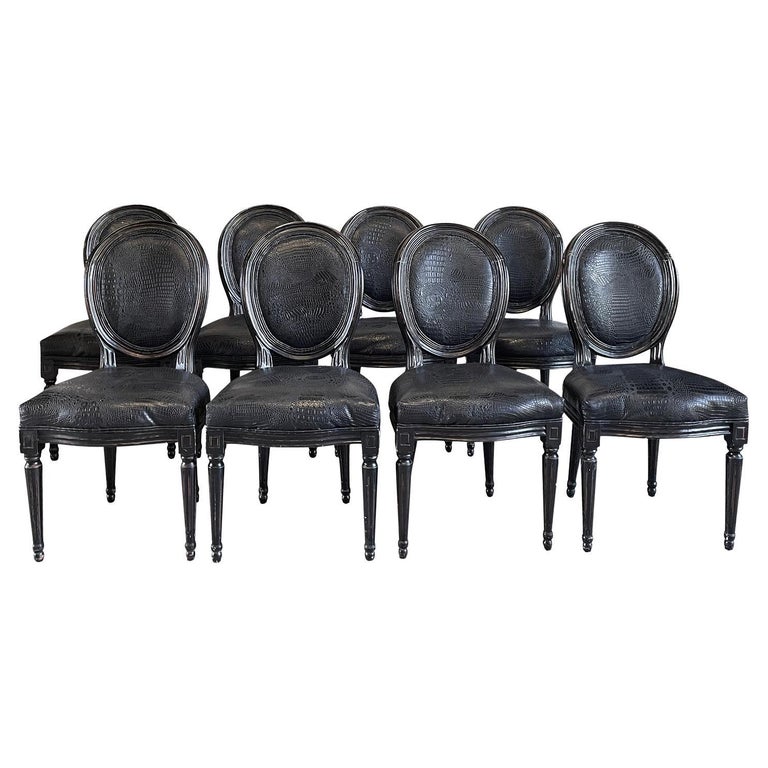 19th Century Black French Set of Eight Louis XVI Style Cabriolet Dining  Chairs