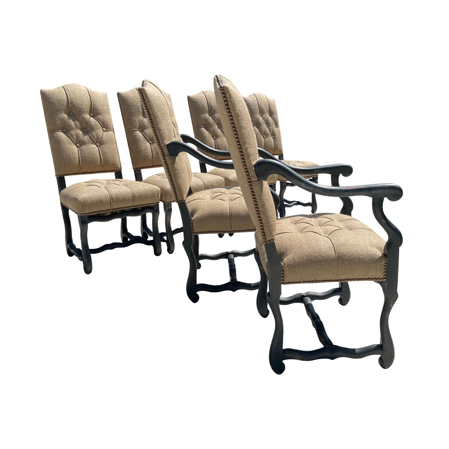 Bleached 19th Century Black French Set of Six Painted Beech Os Du Mouton Dining Chairs For Sale