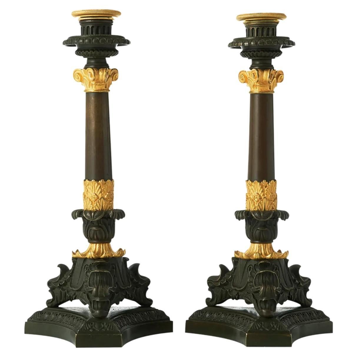 19th Century French Empire Pair of Antique Gilded Bronze Candlesticks For Sale