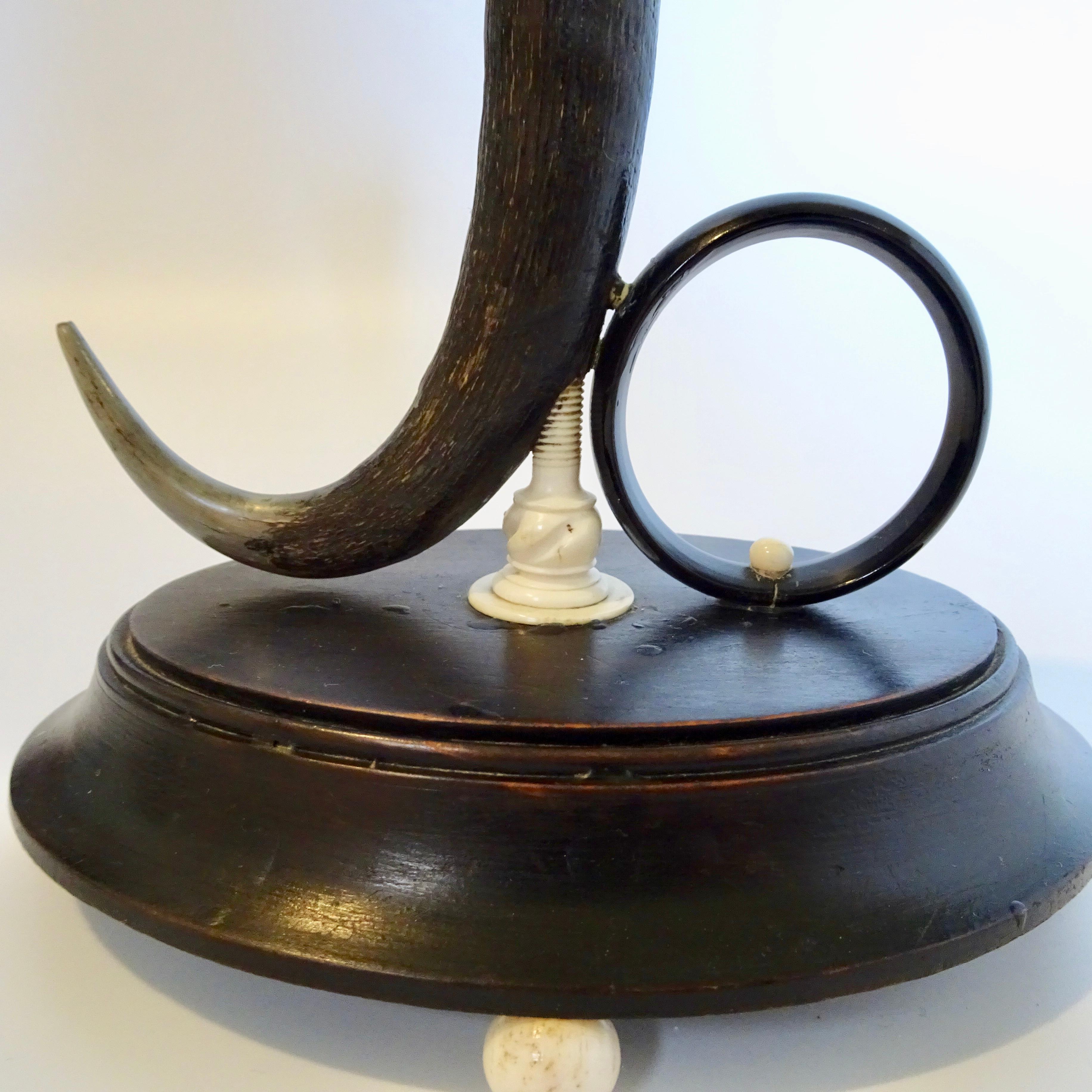 19th Century Black Horn Candlestick on Black Wooden Base For Sale 6