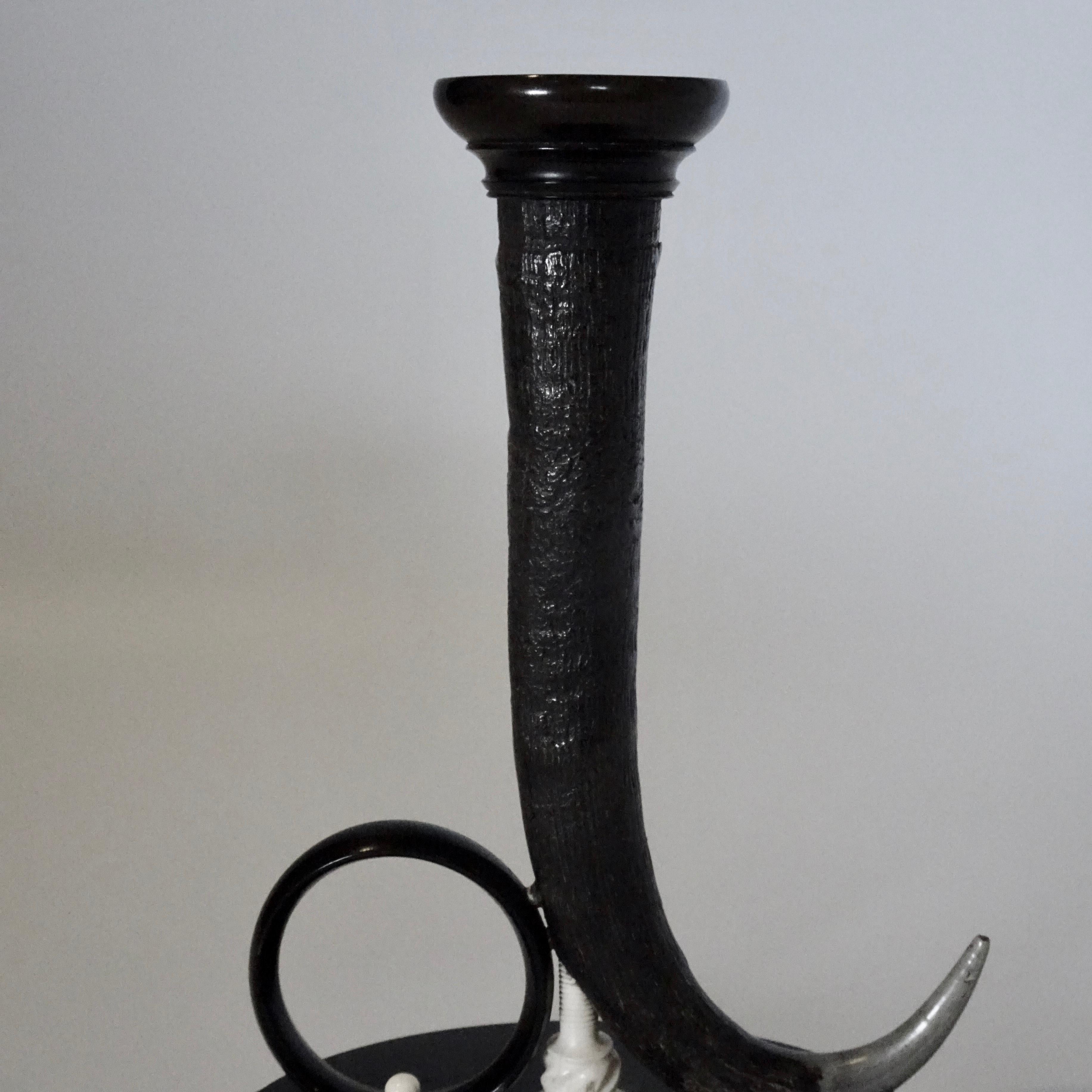 European 19th Century Black Horn Candlestick on Black Wooden Base For Sale