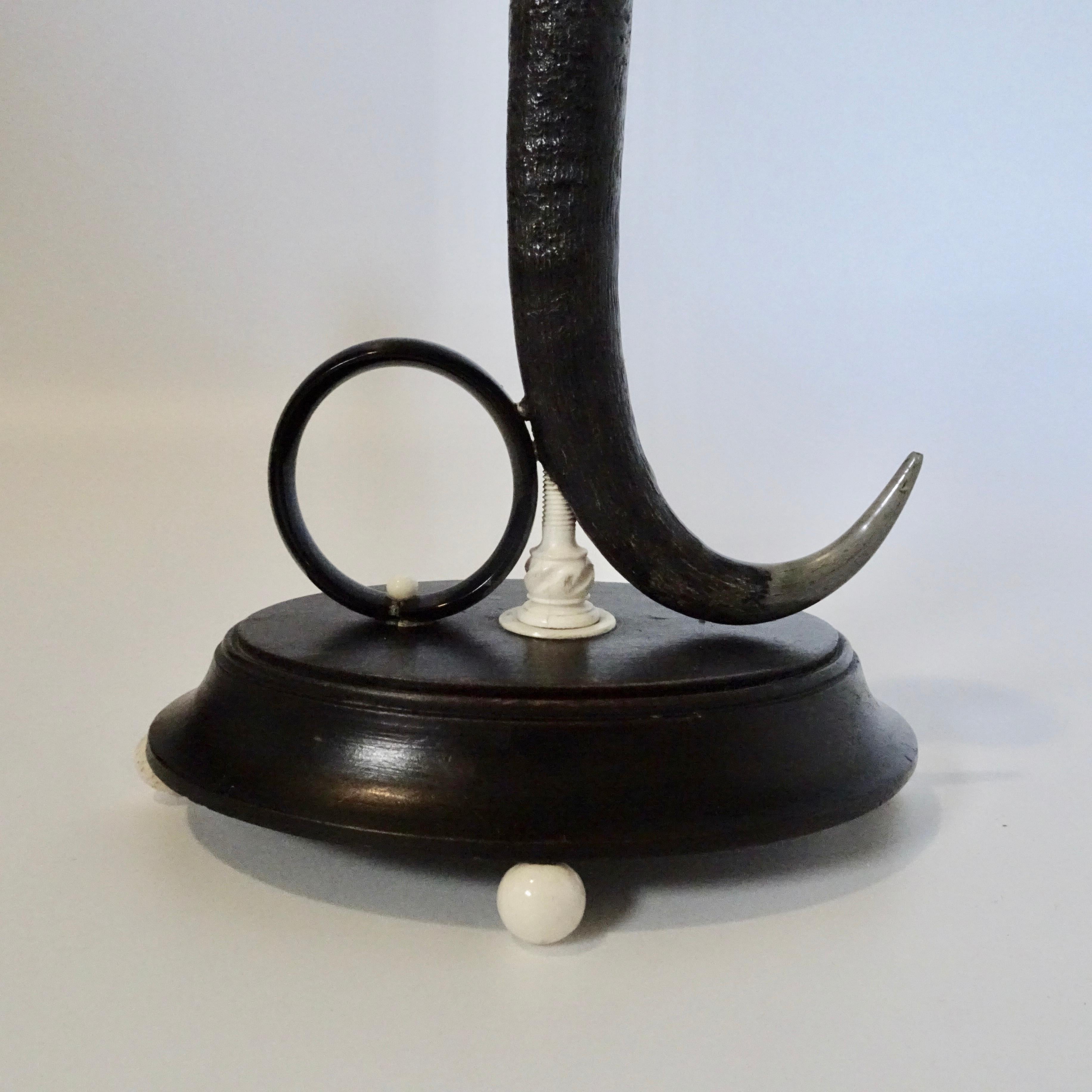 19th Century Black Horn Candlestick on Black Wooden Base In Good Condition For Sale In Nashville, TN