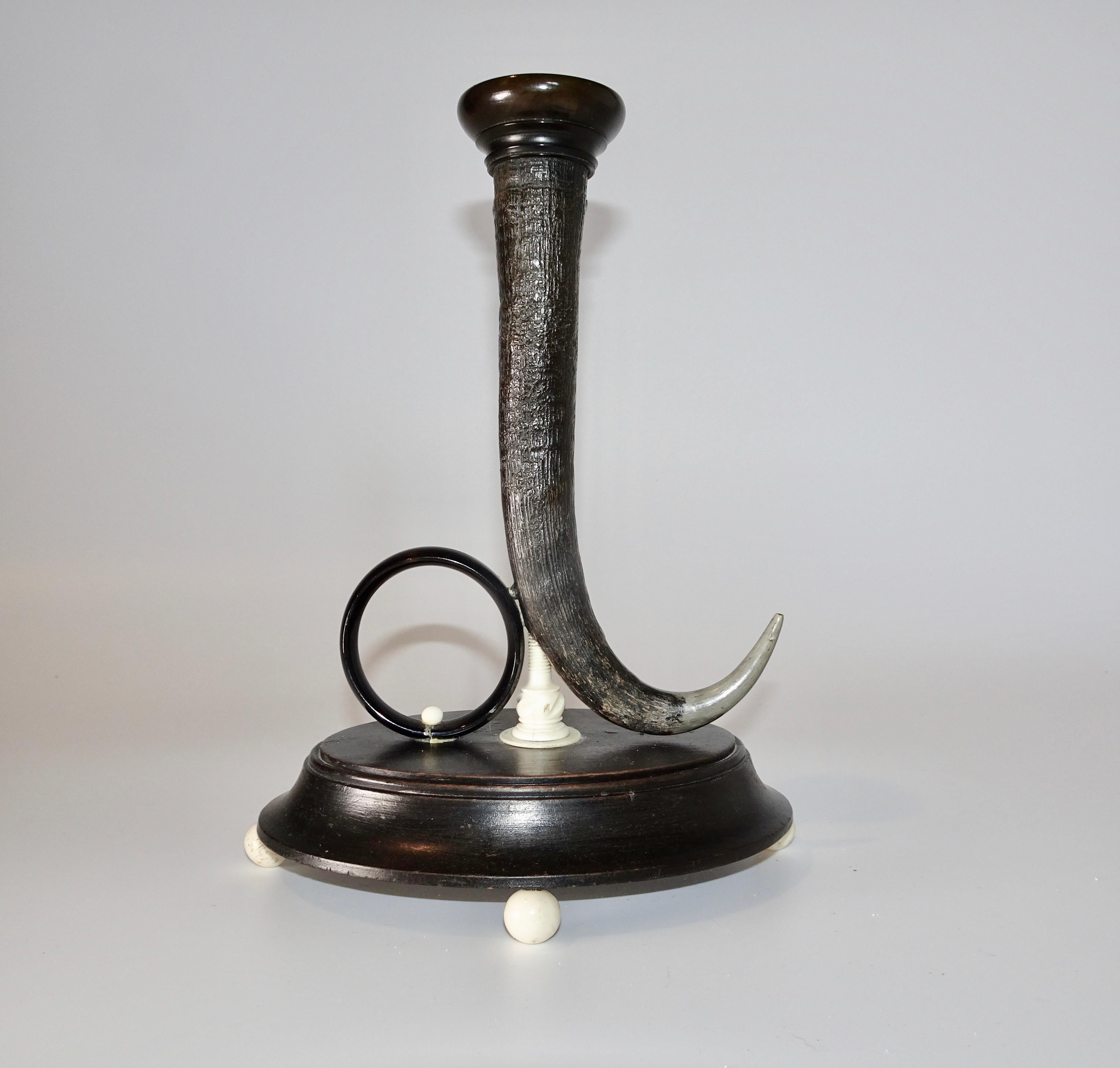 19th Century Black Horn Candlestick on Black Wooden Base For Sale 1