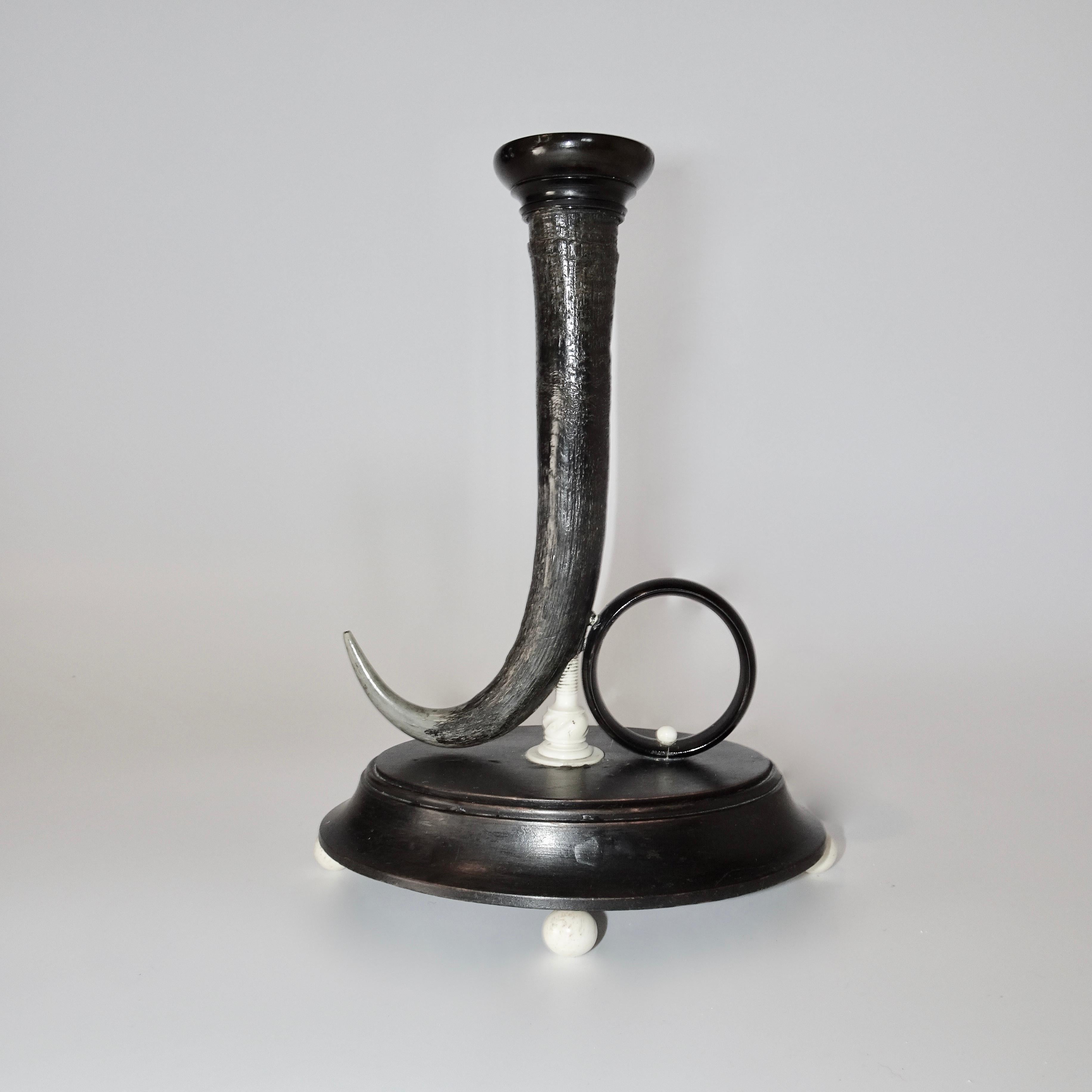 19th Century Black Horn Candlestick on Black Wooden Base For Sale 2