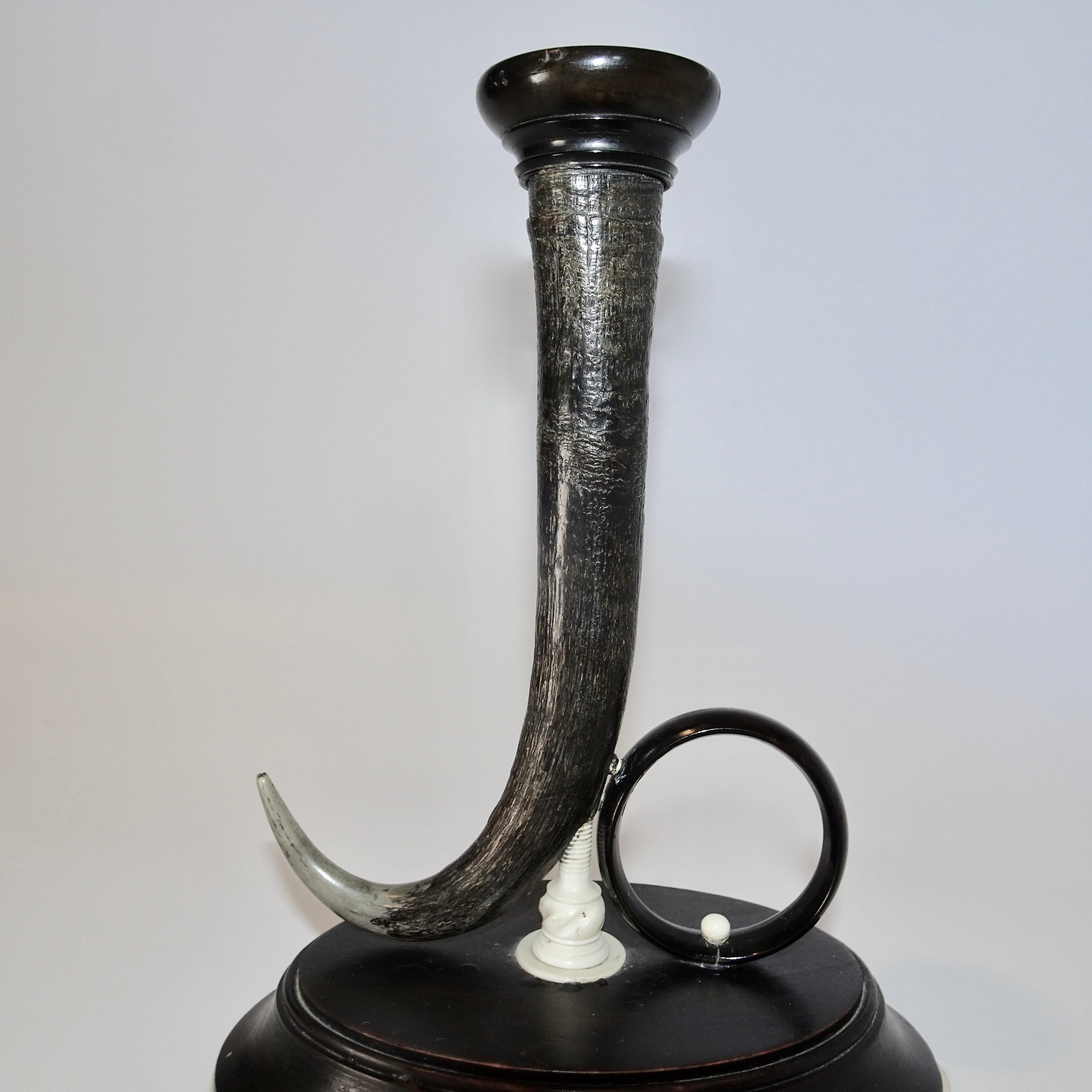 19th Century Black Horn Candlestick on Black Wooden Base For Sale 3