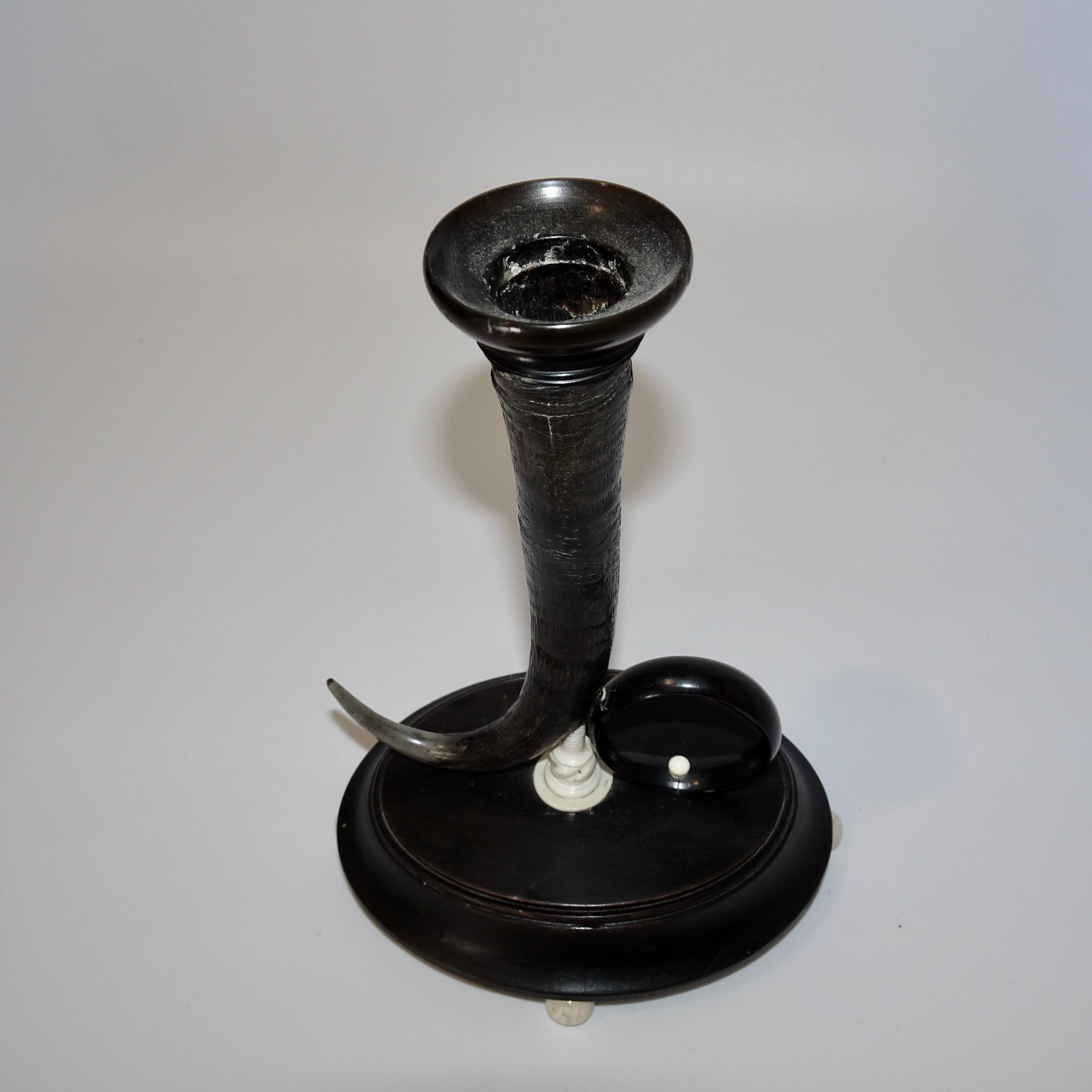 19th Century Black Horn Candlestick on Black Wooden Base For Sale 5