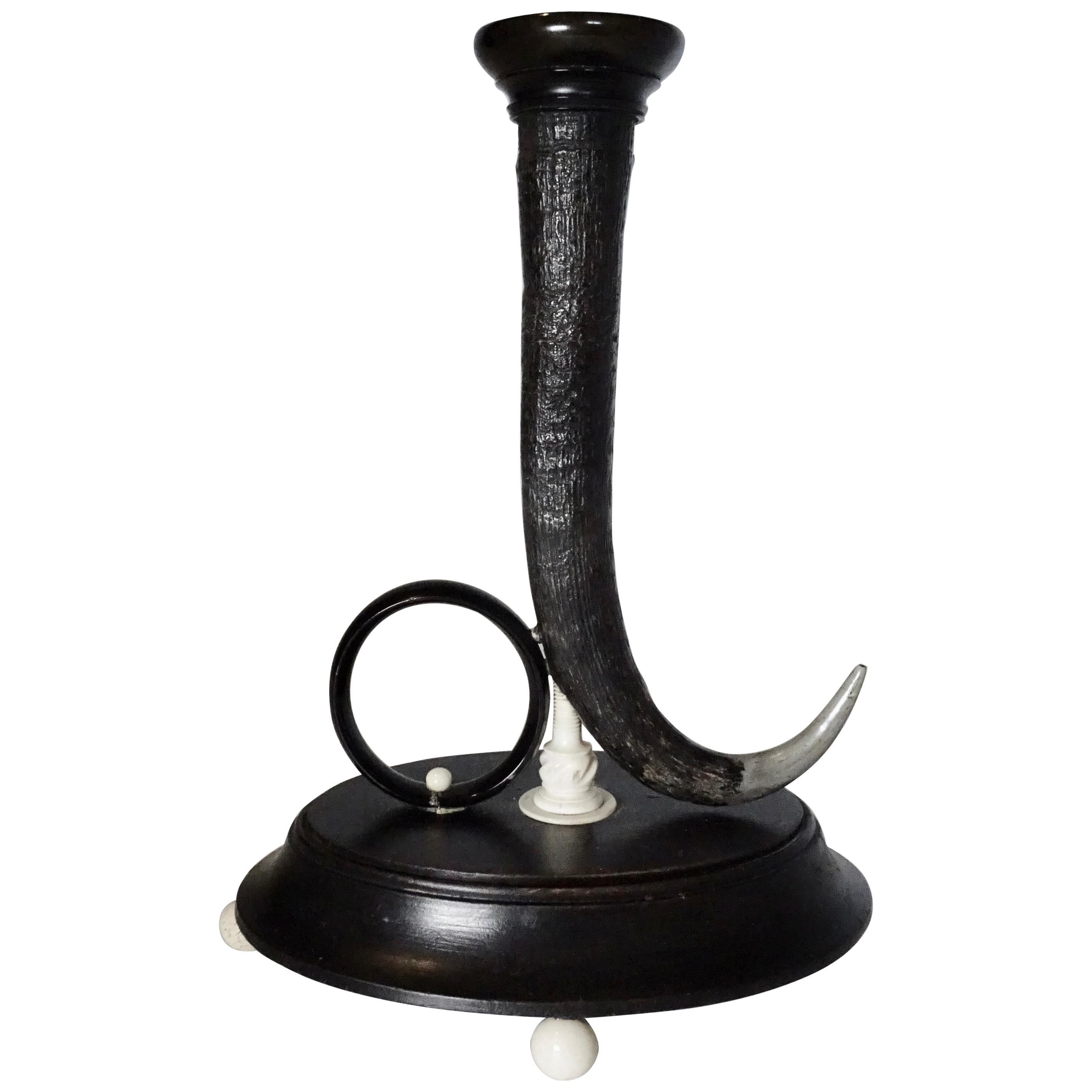 19th Century Black Horn Candlestick on Black Wooden Base For Sale