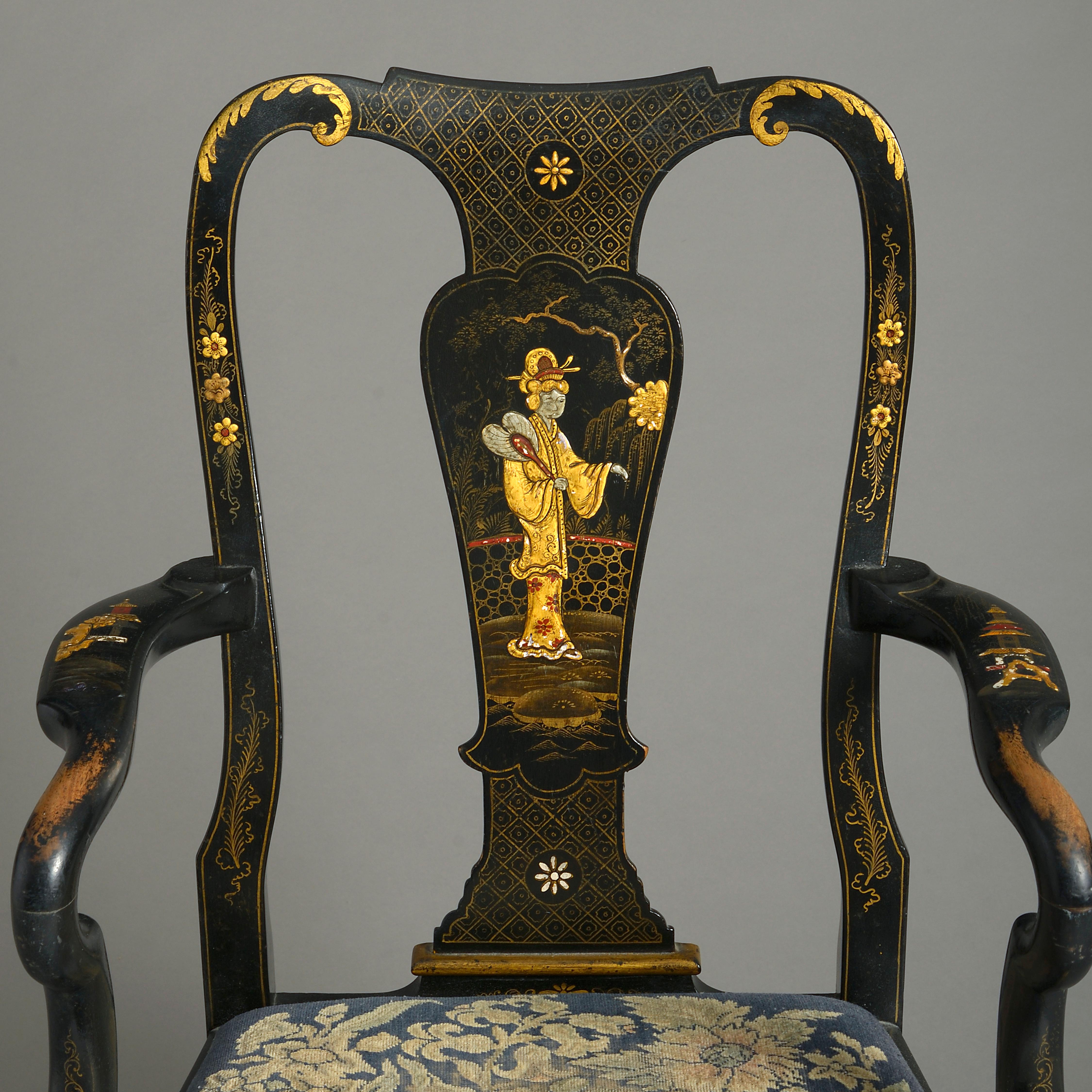 Gilt 19th Century Black Japanned Chinoiserie Queen Anne Style Armchair