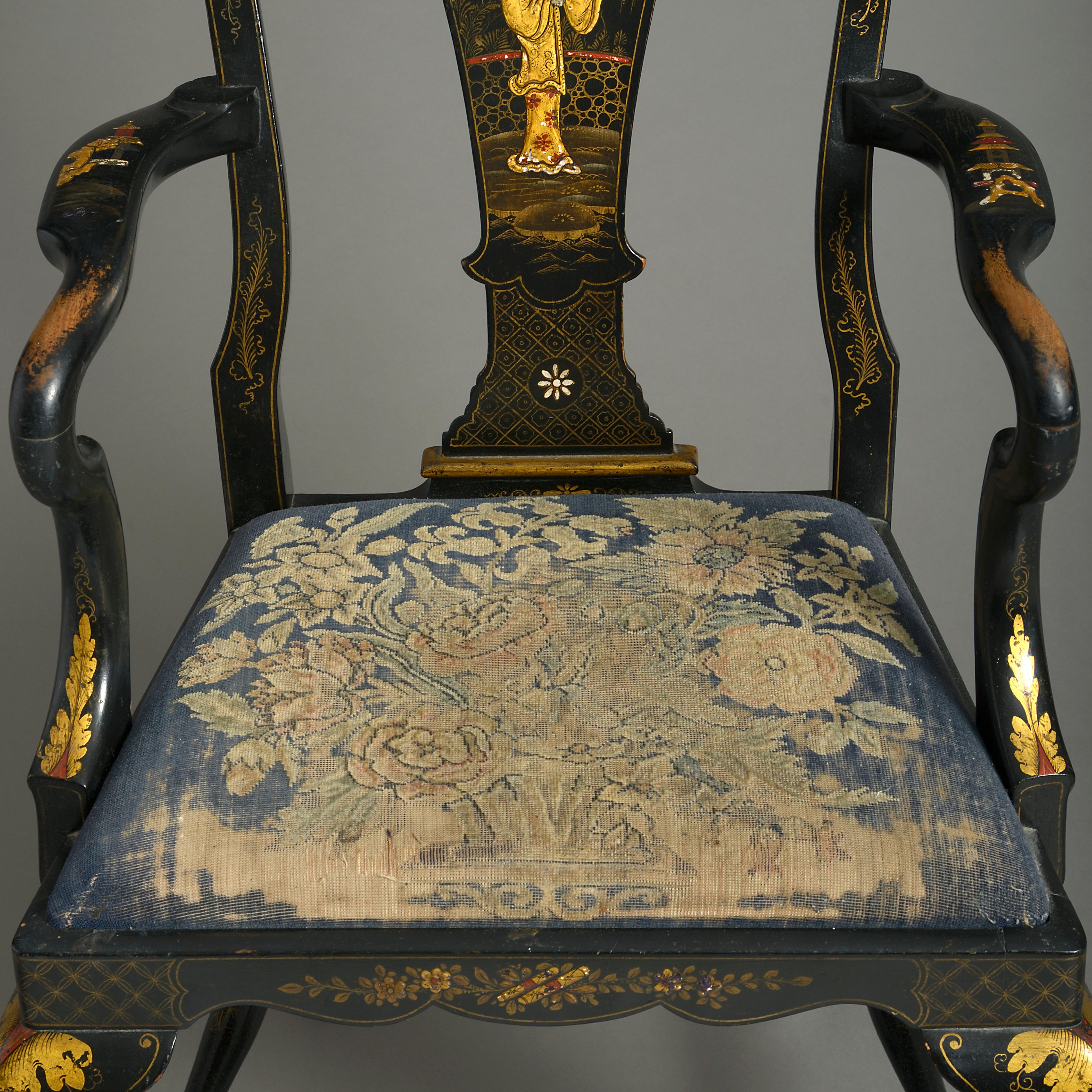 19th Century Black Japanned Chinoiserie Queen Anne Style Armchair In Good Condition In London, GB
