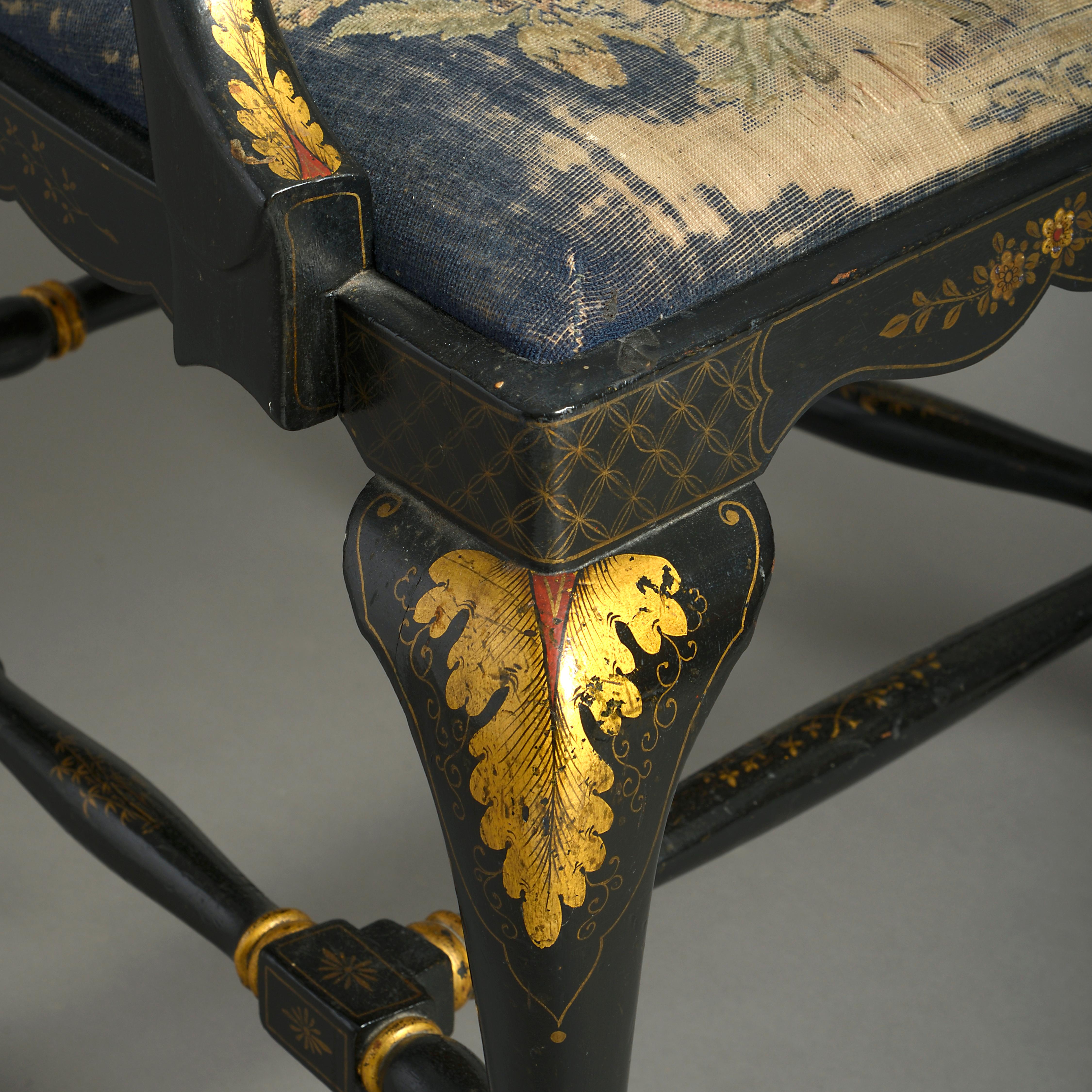Late 19th Century 19th Century Black Japanned Chinoiserie Queen Anne Style Armchair