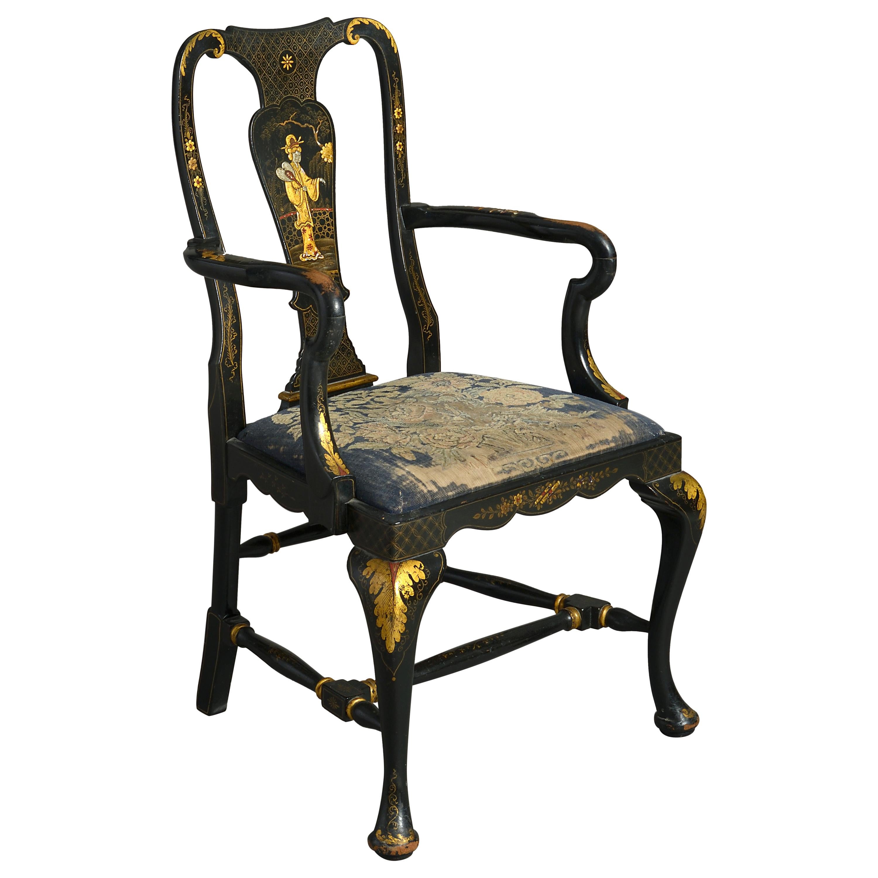 19th Century Black Japanned Chinoiserie Queen Anne Style Armchair
