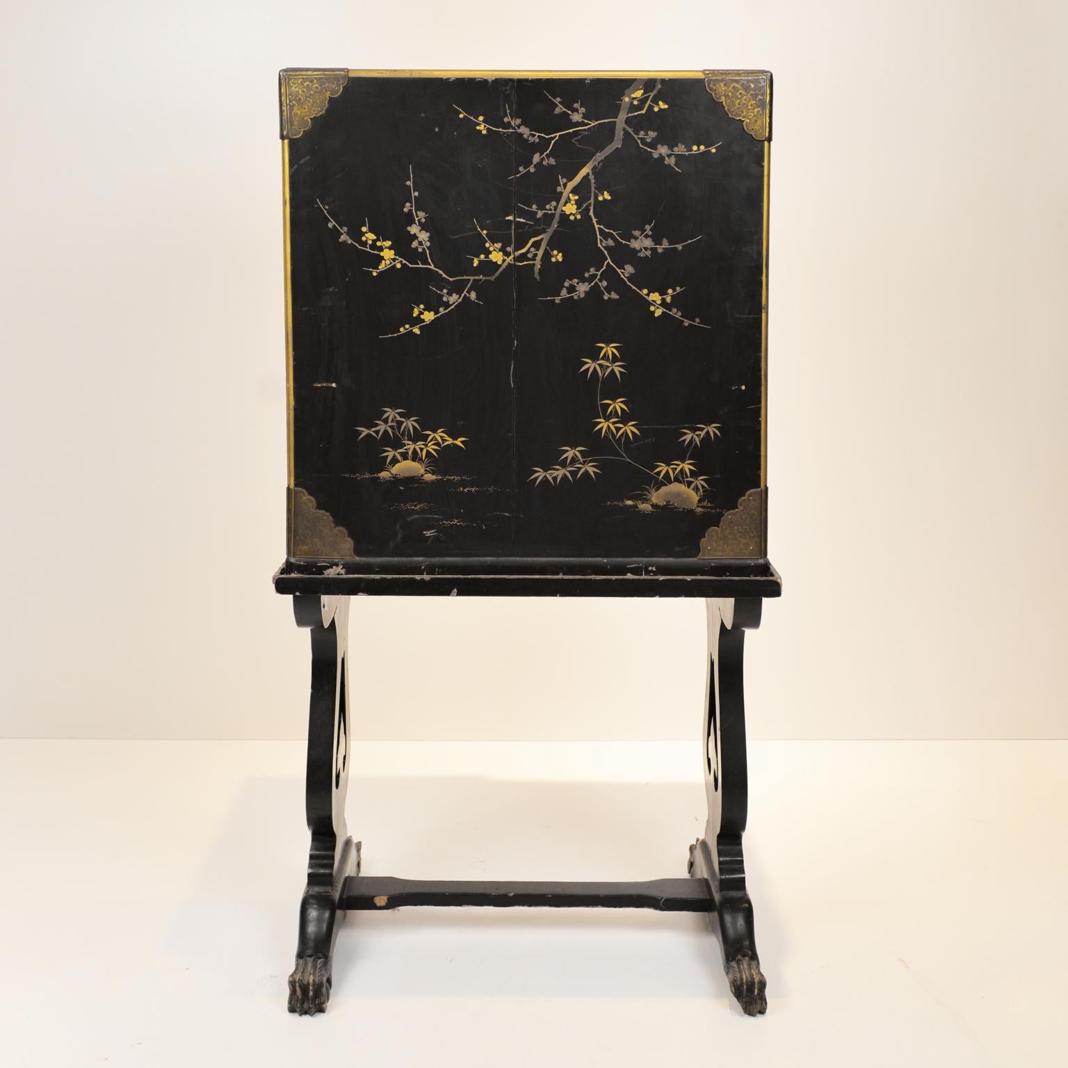 19th Century Black Lacquer Cabinet On Stand Meiji Period Japan