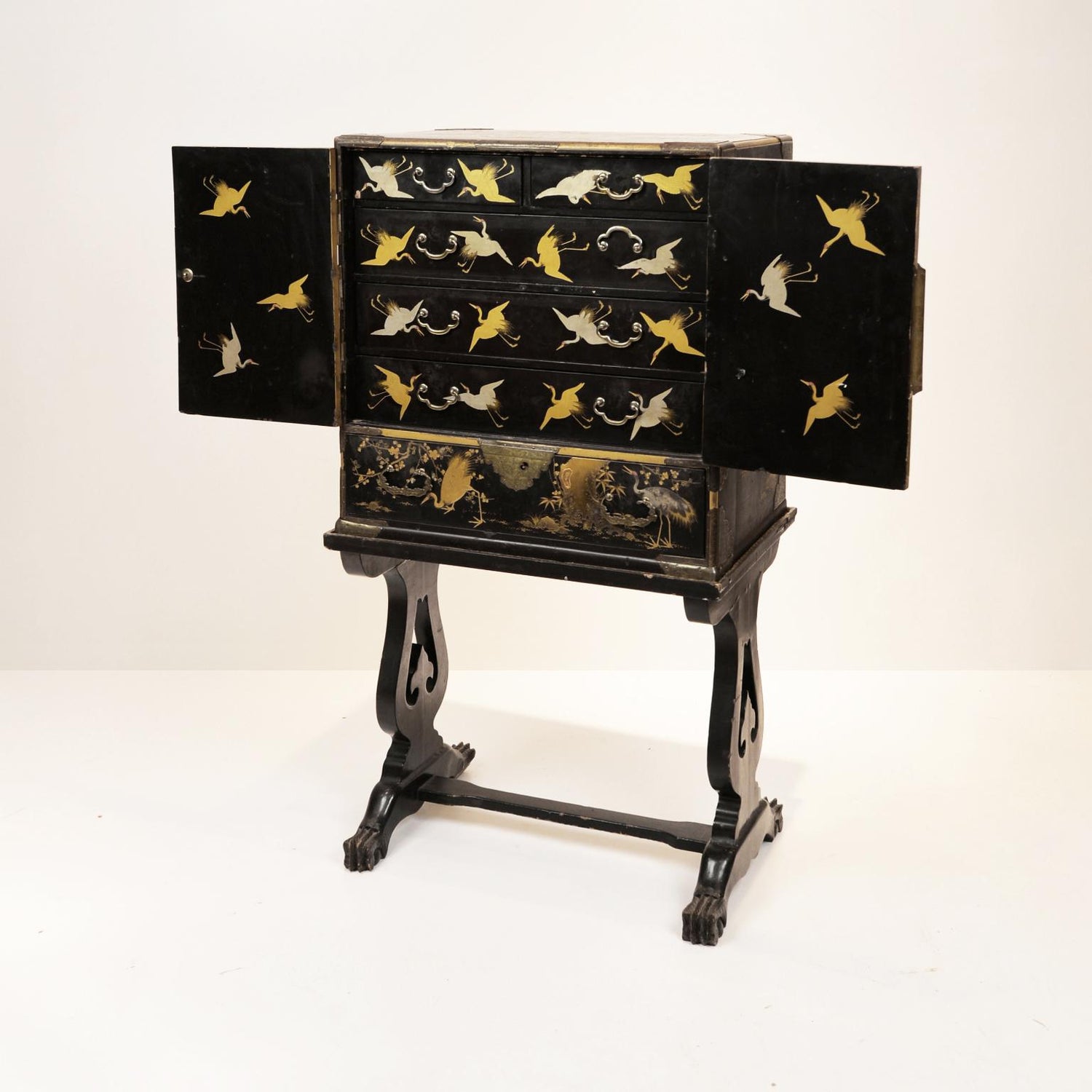 19th Century Black Lacquer Cabinet On Stand Meiji Period Japan