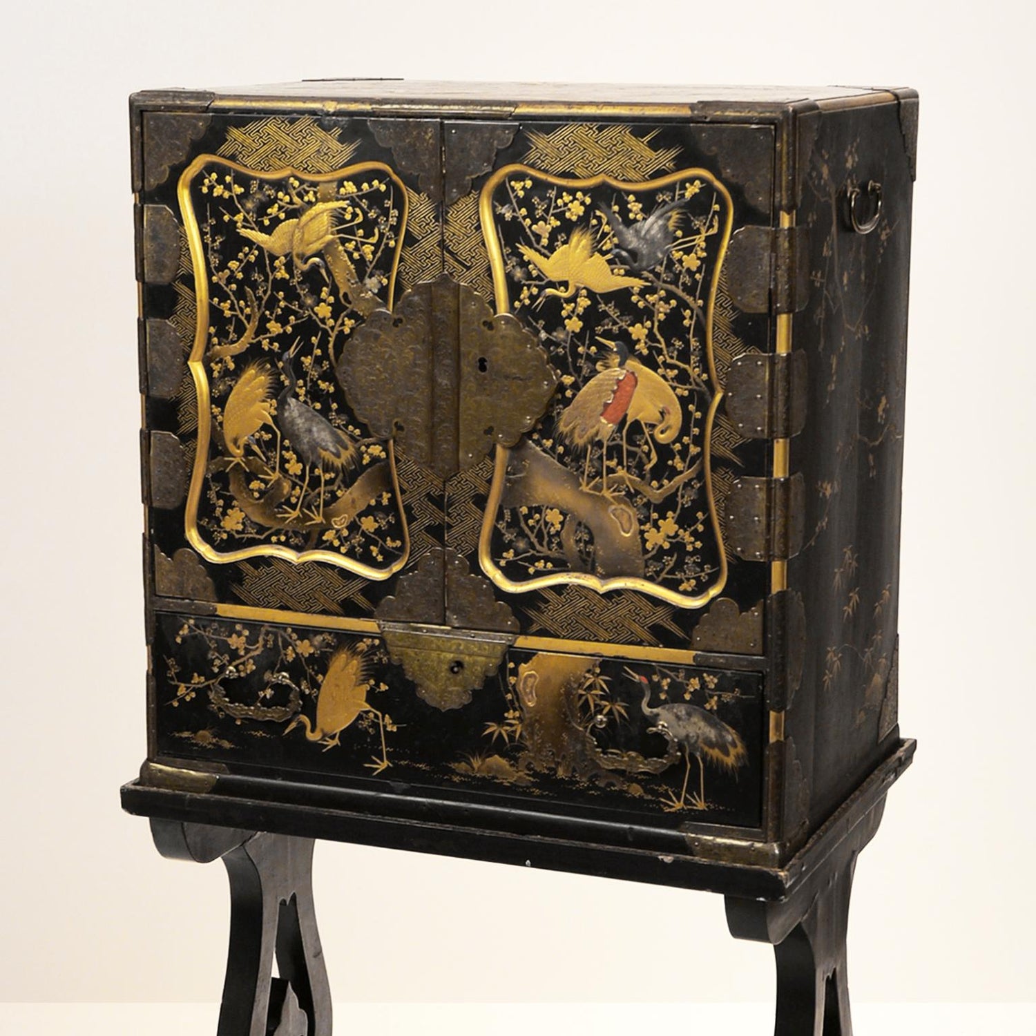 19th Century Black Lacquer Cabinet On Stand Meiji Period Japan