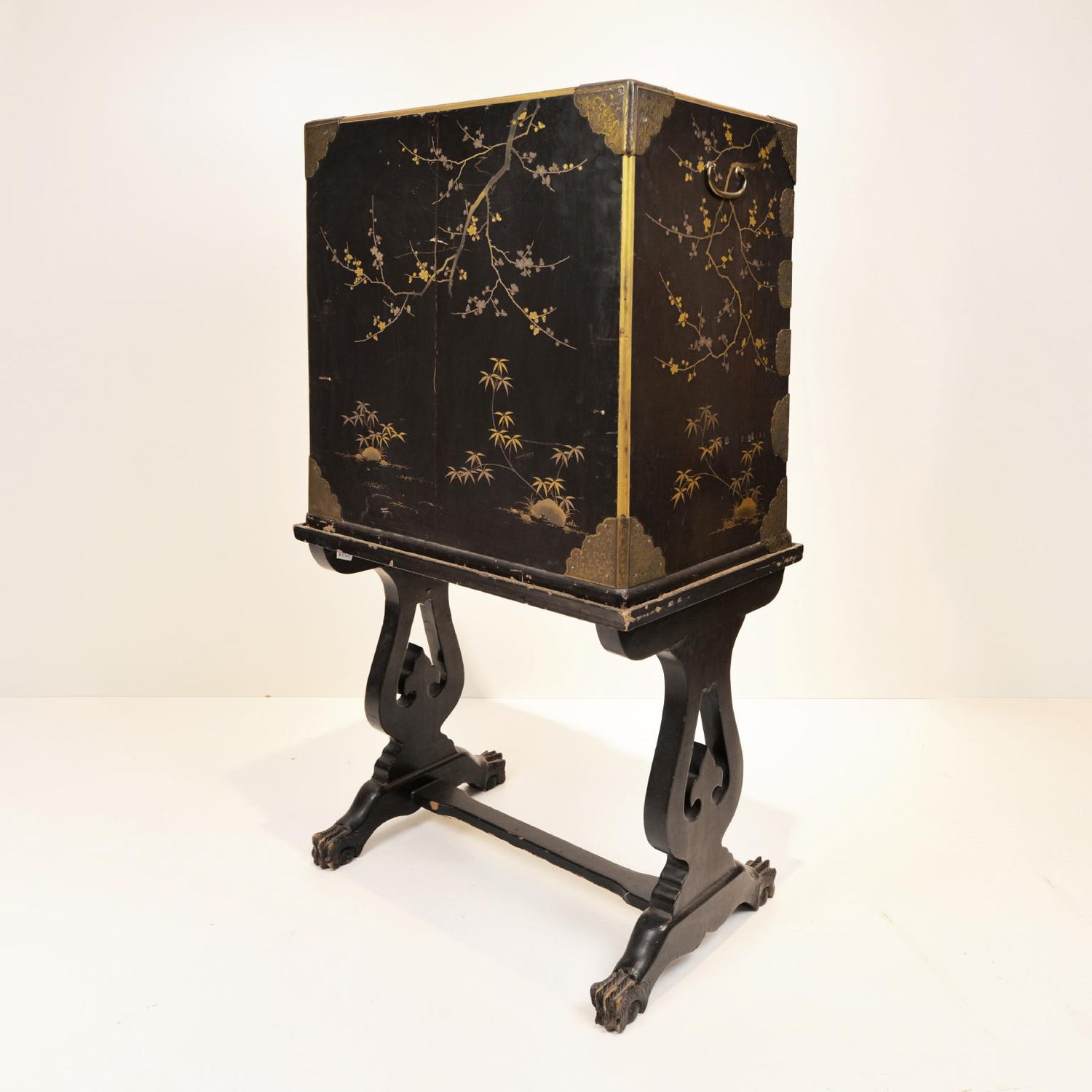 19th Century Black Lacquer Cabinet On Stand Meiji Period Japan