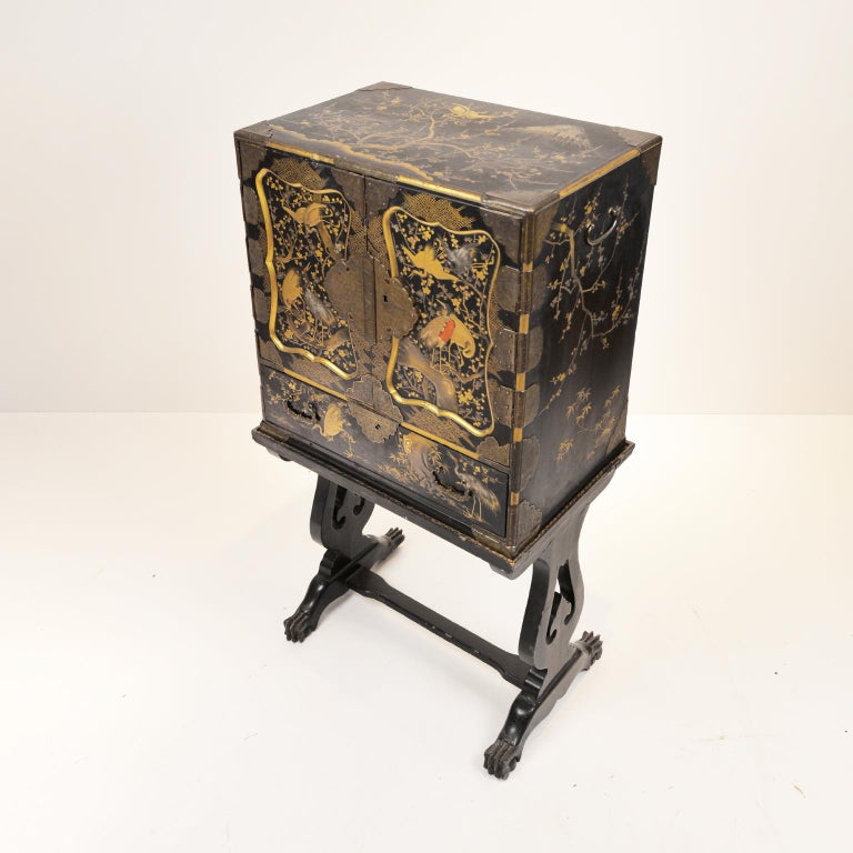 19th Century Black Lacquer Cabinet On Stand Meiji Period Japan