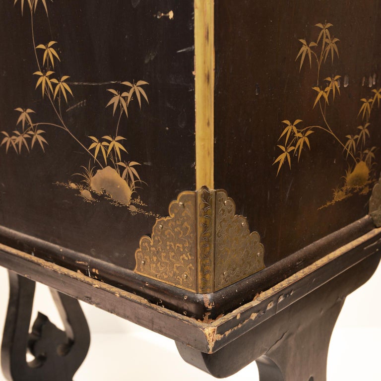 19th Century Black Lacquer Cabinet On Stand Meiji Period Japan