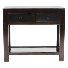 19th Century Black Lacquer Console Table with 2 Drawers and a Shelf