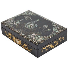 Antique 19th Century Black Lacquer Sewing Box with Mother of Pearl Inlay and Spools