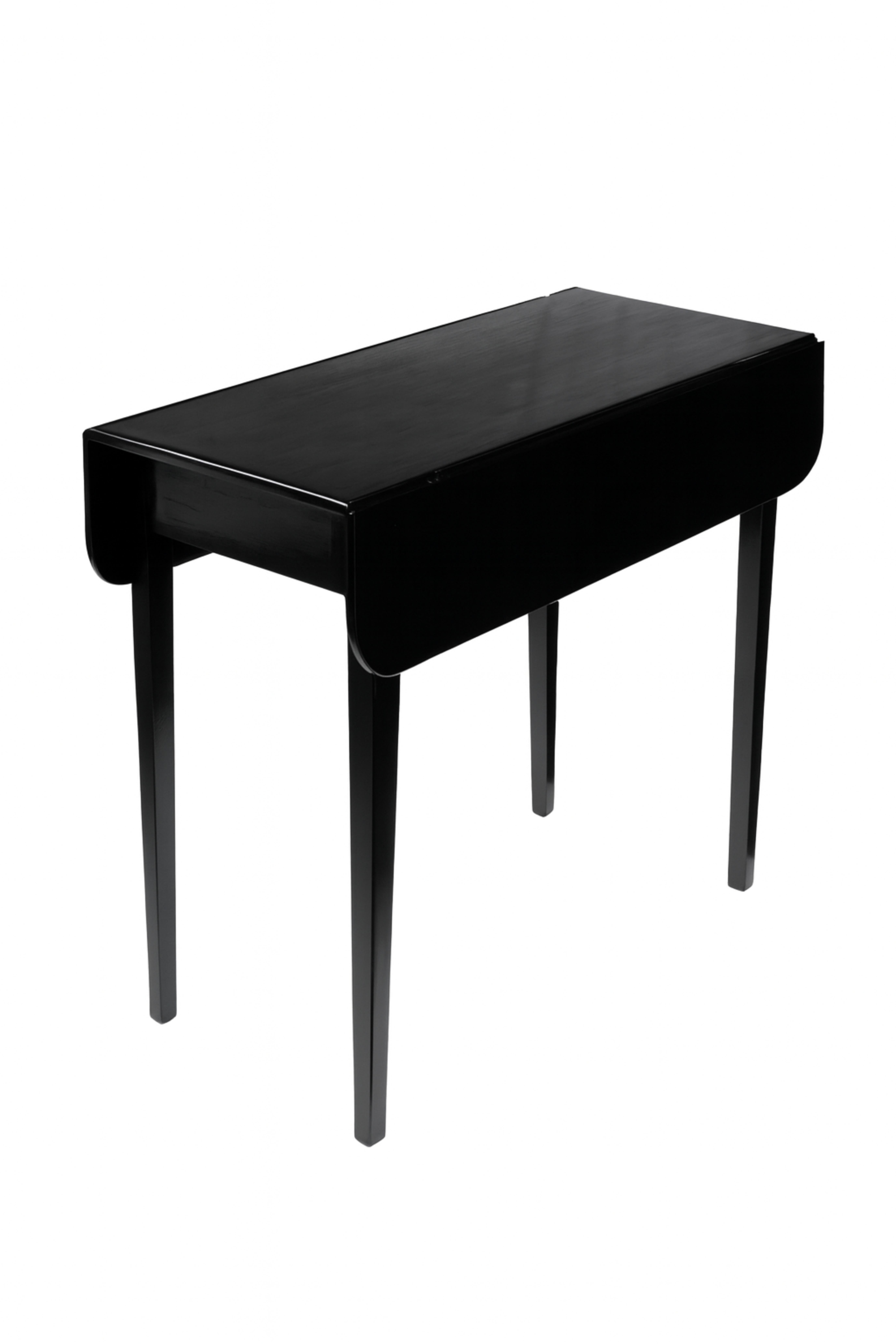 Elevate your space with this Pembroke Flap Table in rich walnut, featuring a single drawer. Expertly refinished in a luxurious black color finish with a high-gloss varnish for a stunning, sophisticated look. A 19th-century Portuguese craftsmanship