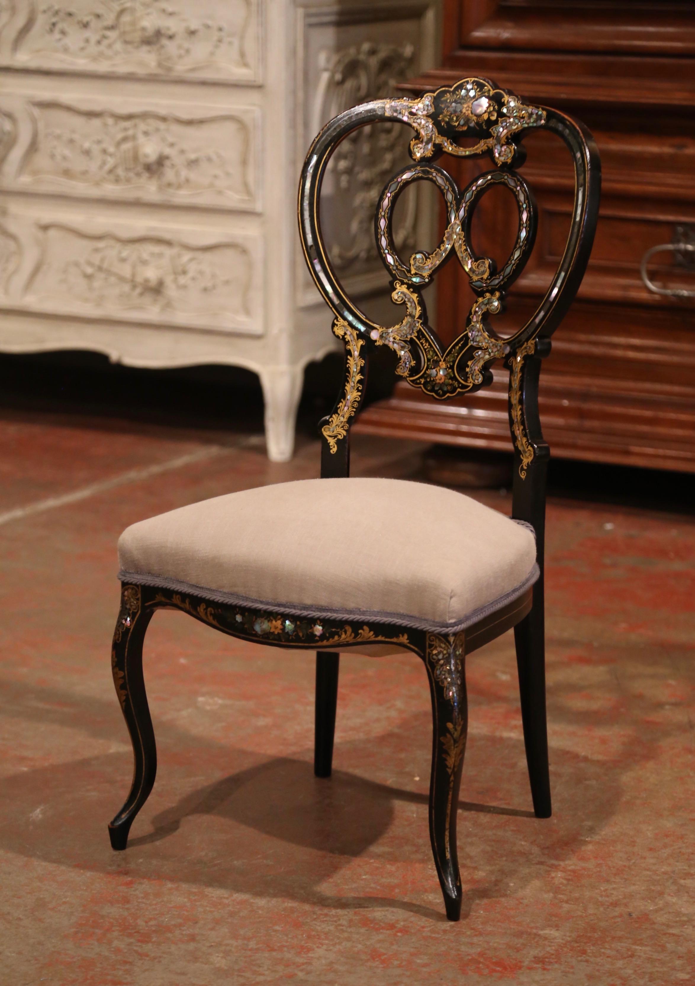 French 19th Century Black Lacquered and Gilt Chair with Mother of Pearl Decor