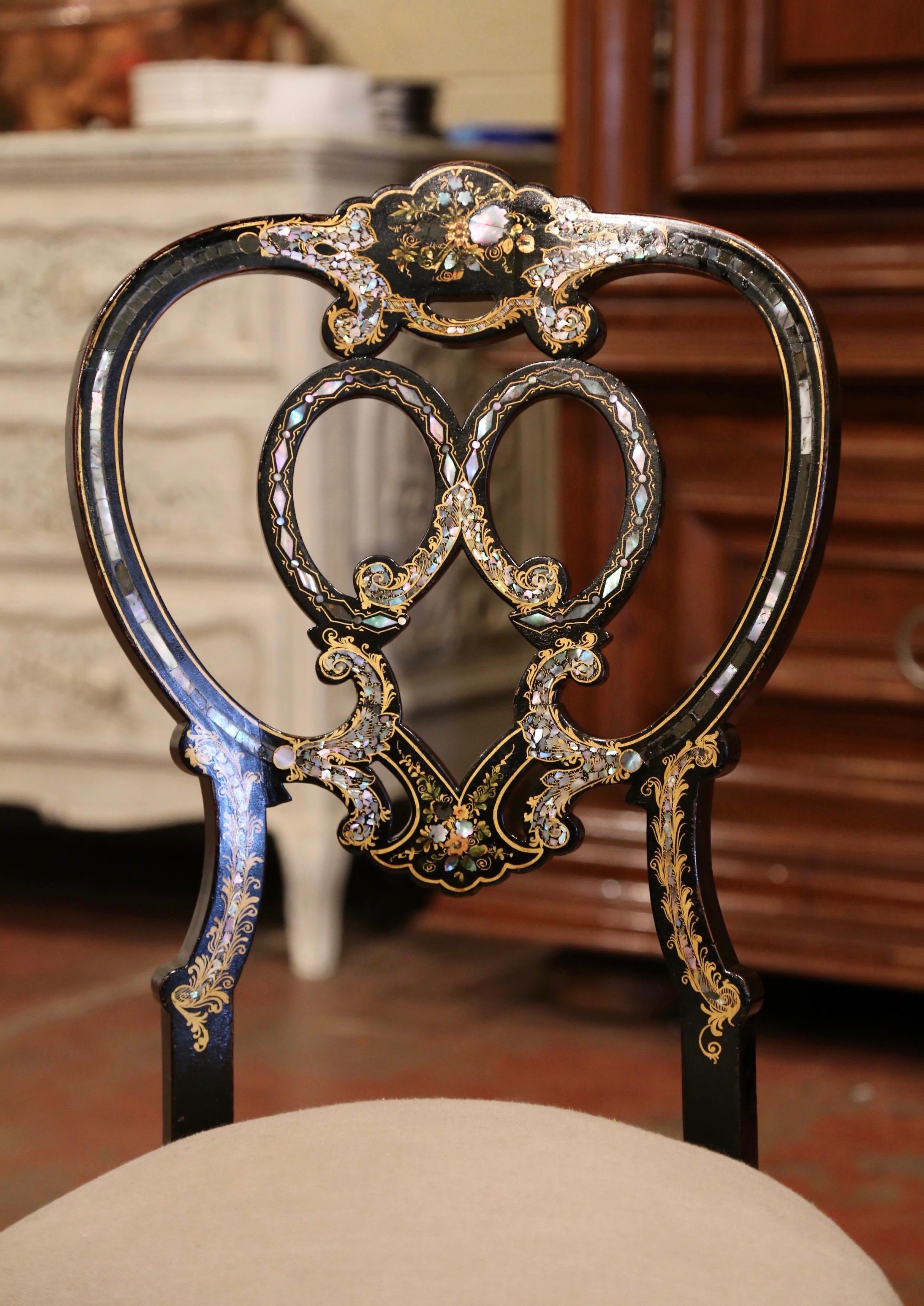 19th Century Black Lacquered and Gilt Chair with Mother of Pearl Decor In Excellent Condition In Dallas, TX