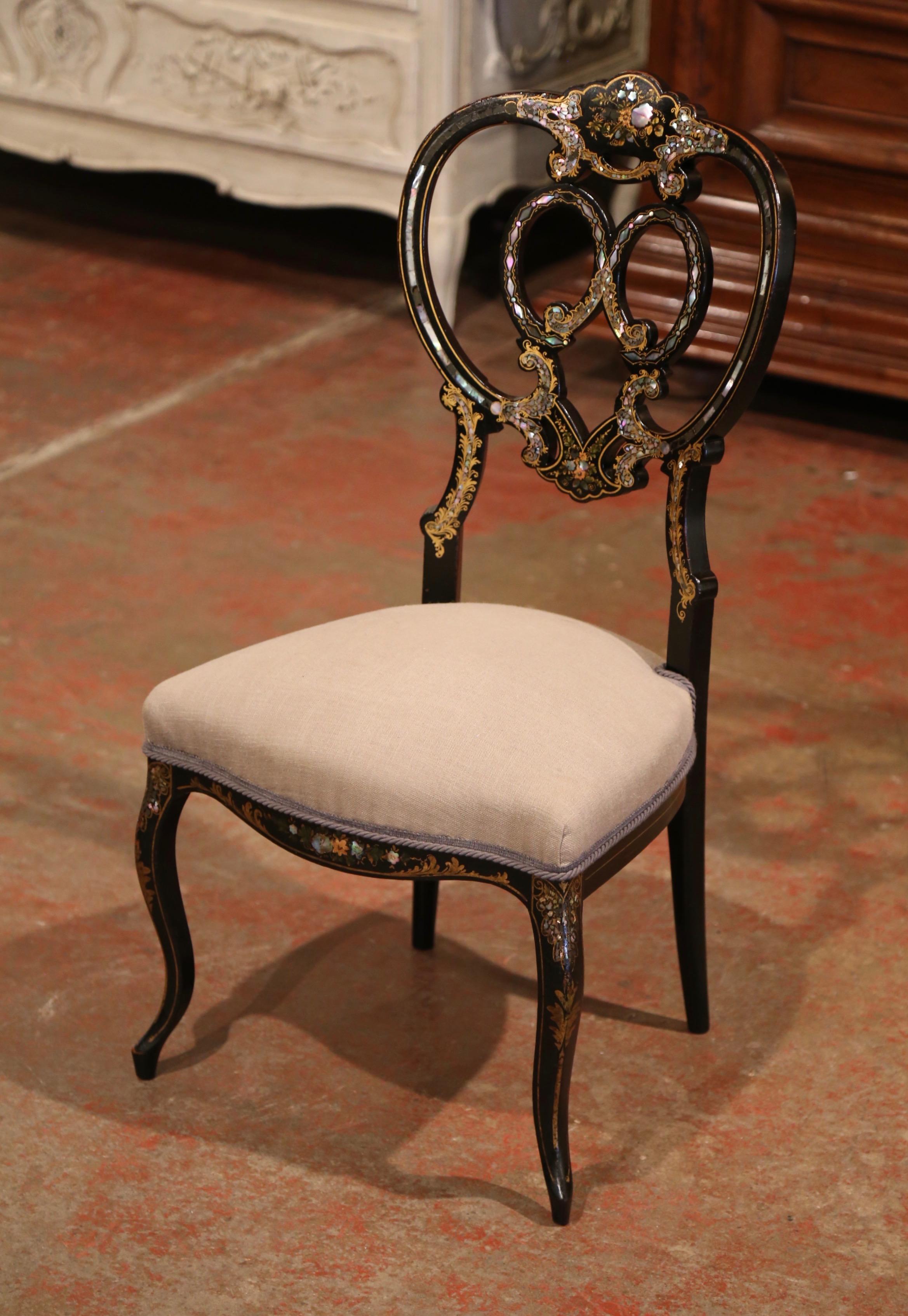 Mother-of-Pearl 19th Century Black Lacquered and Gilt Chair with Mother of Pearl Decor