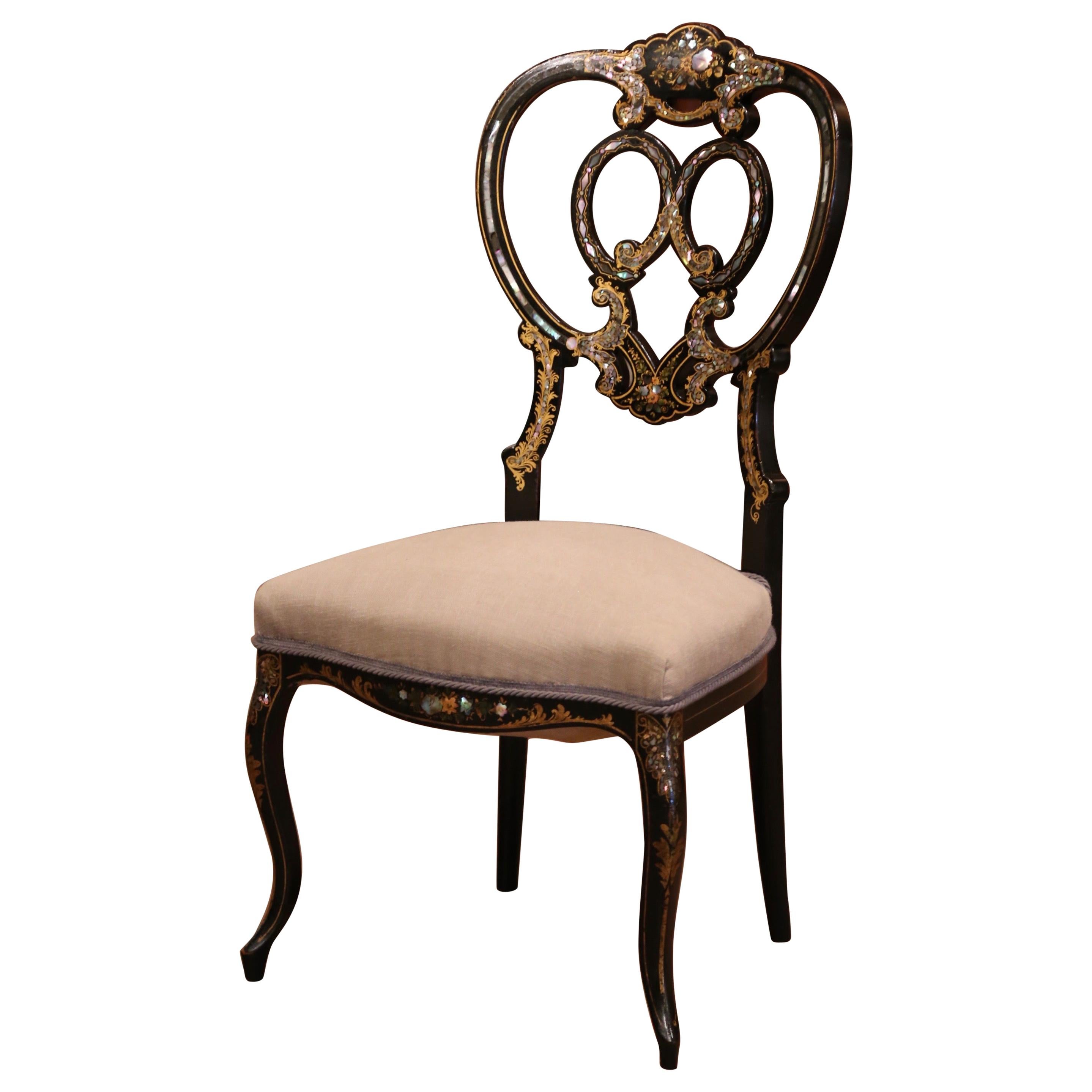19th Century Black Lacquered and Gilt Chair with Mother of Pearl Decor