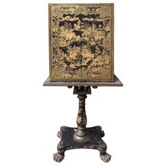 19th Century Black Lacquered and Gilt Chinoiserie Cabinet on Pedestal Stand