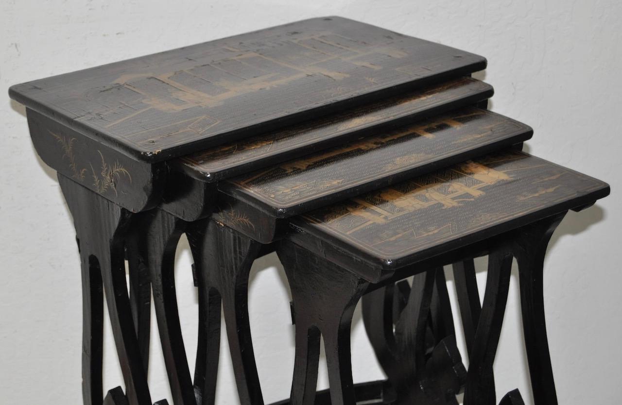 Chinese 19th Century Black Lacquered & Gold Chinoiserie Nesting Tables