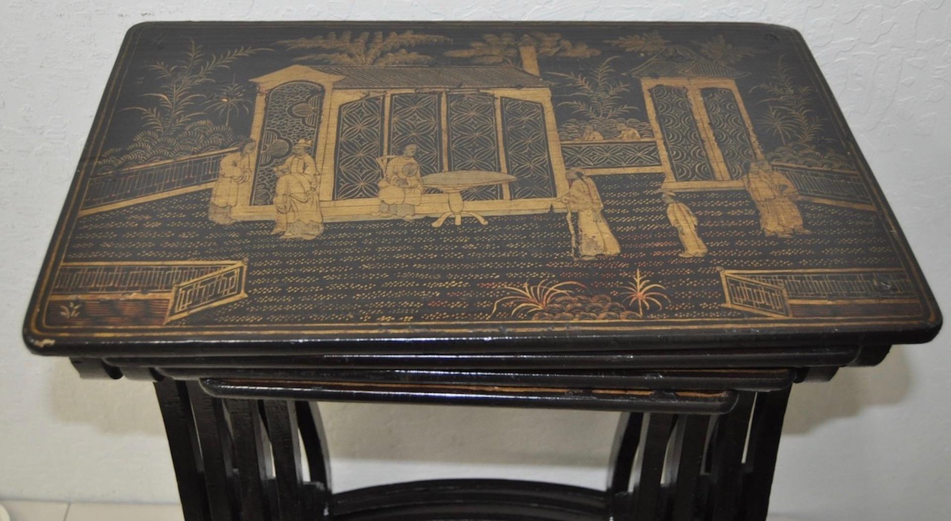 Hand-Crafted 19th Century Black Lacquered & Gold Chinoiserie Nesting Tables