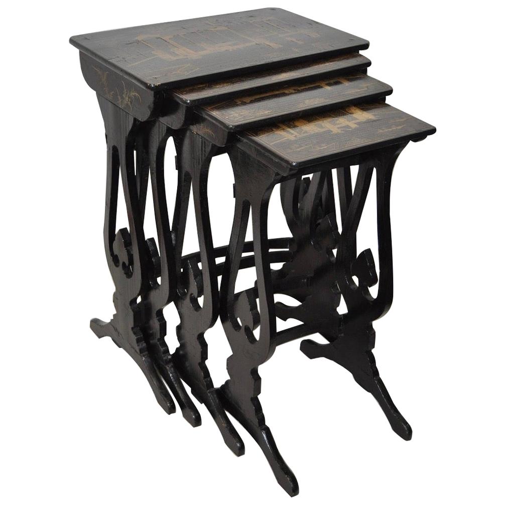 19th Century Black Lacquered & Gold Chinoiserie Nesting Tables