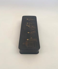 19th Century Black Lacquered Hand Painted Decorated Glove Box