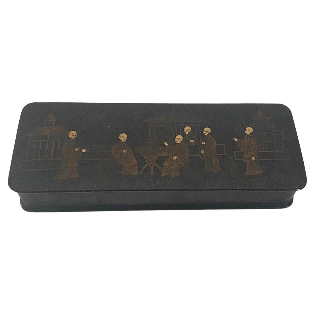 19th Century Black Lacquered Hand Painted Decorated Glove Box in vendita