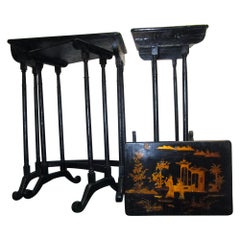 Antique 19th Century Black Lacquered Japanned Chinoiserie Nesting Tables Set of Four