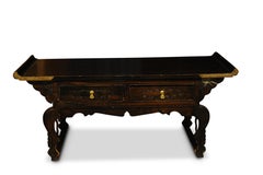 19th Century Black Lacquered Low Chinese Export Altar Table with Two Drawers