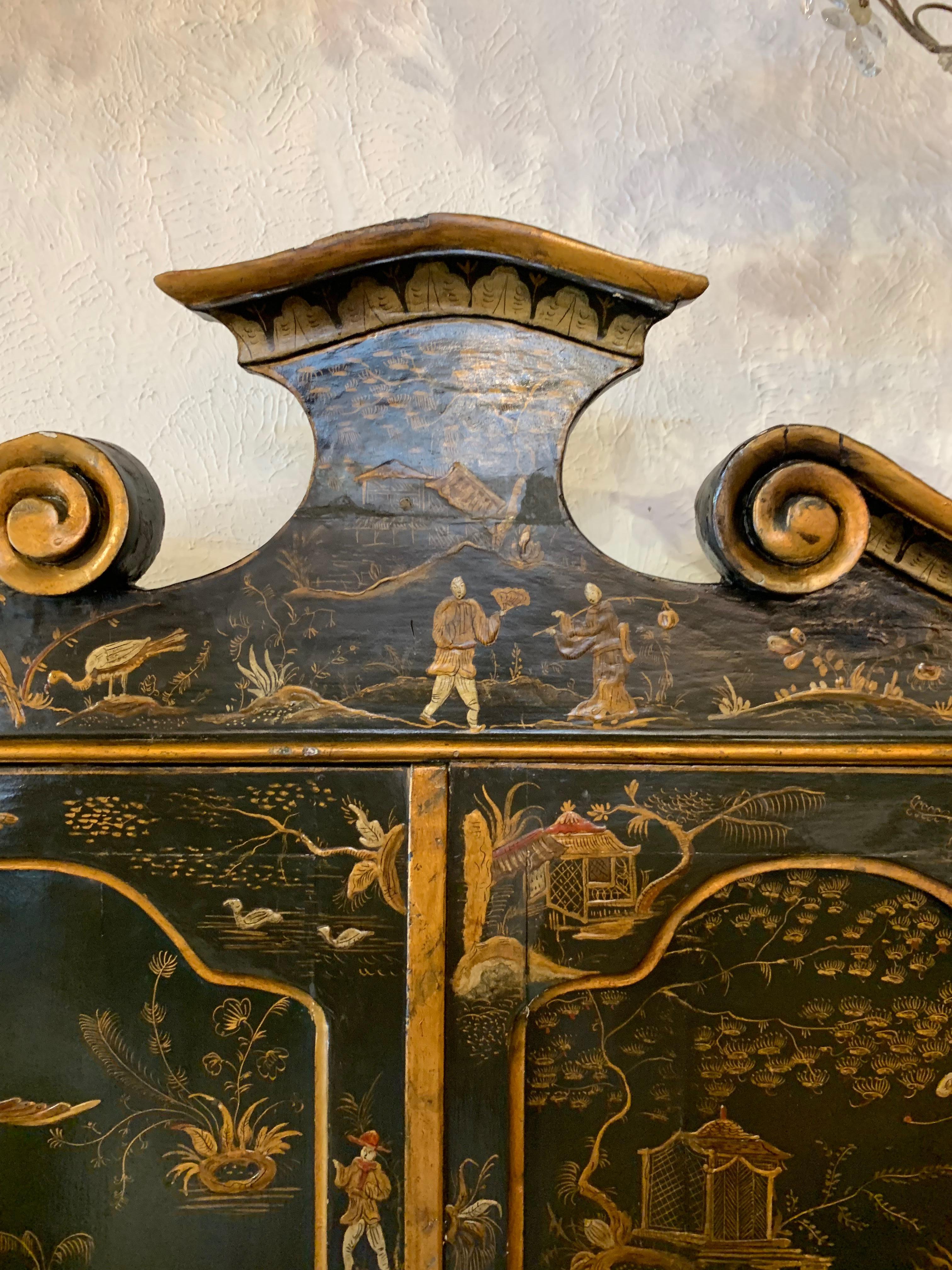 19th Century Black Lacquered Secretary with Raised Chinoiserie Design In Good Condition In Dallas, TX