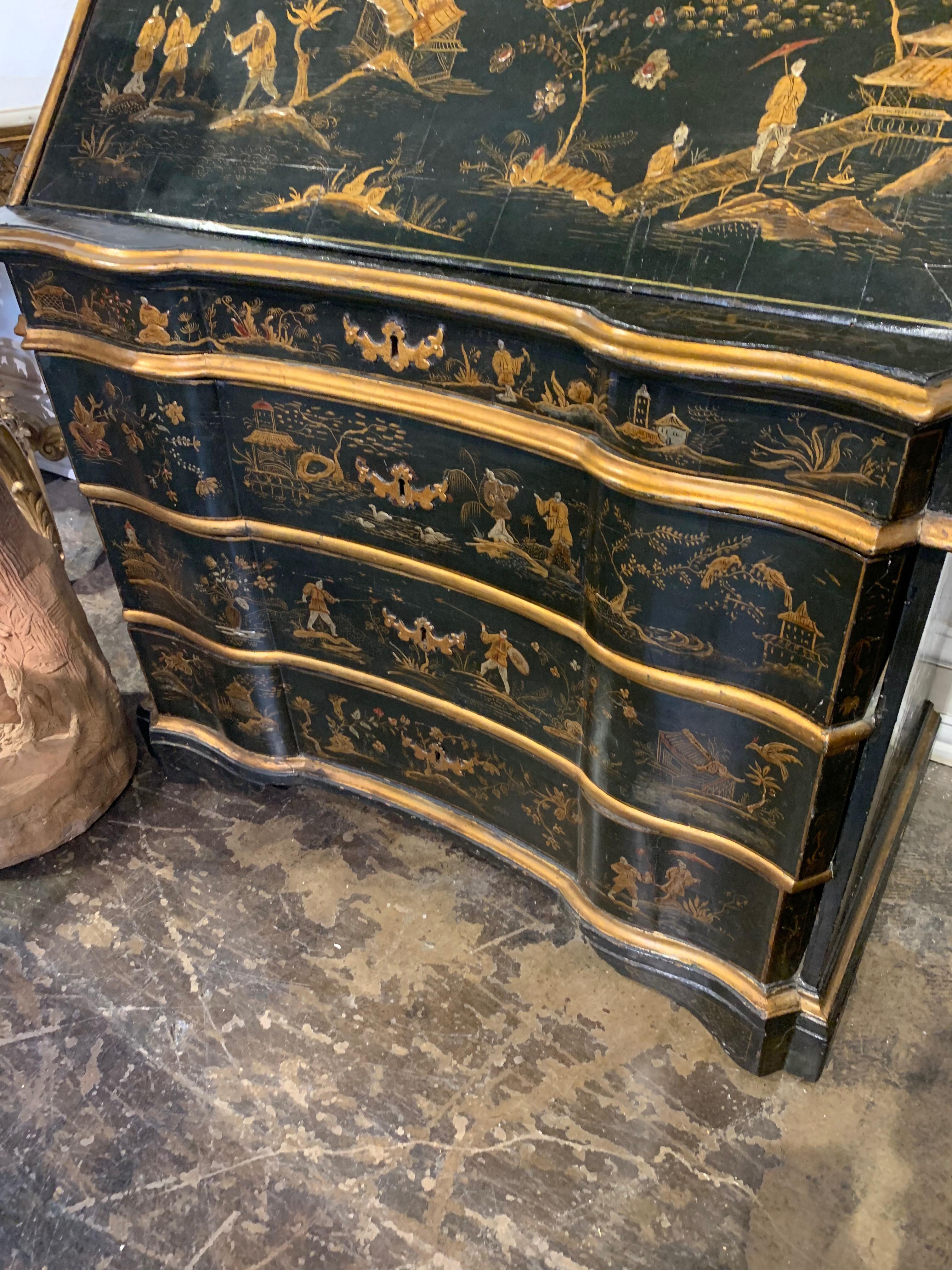 Wood 19th Century Black Lacquered Secretary with Raised Chinoiserie Design