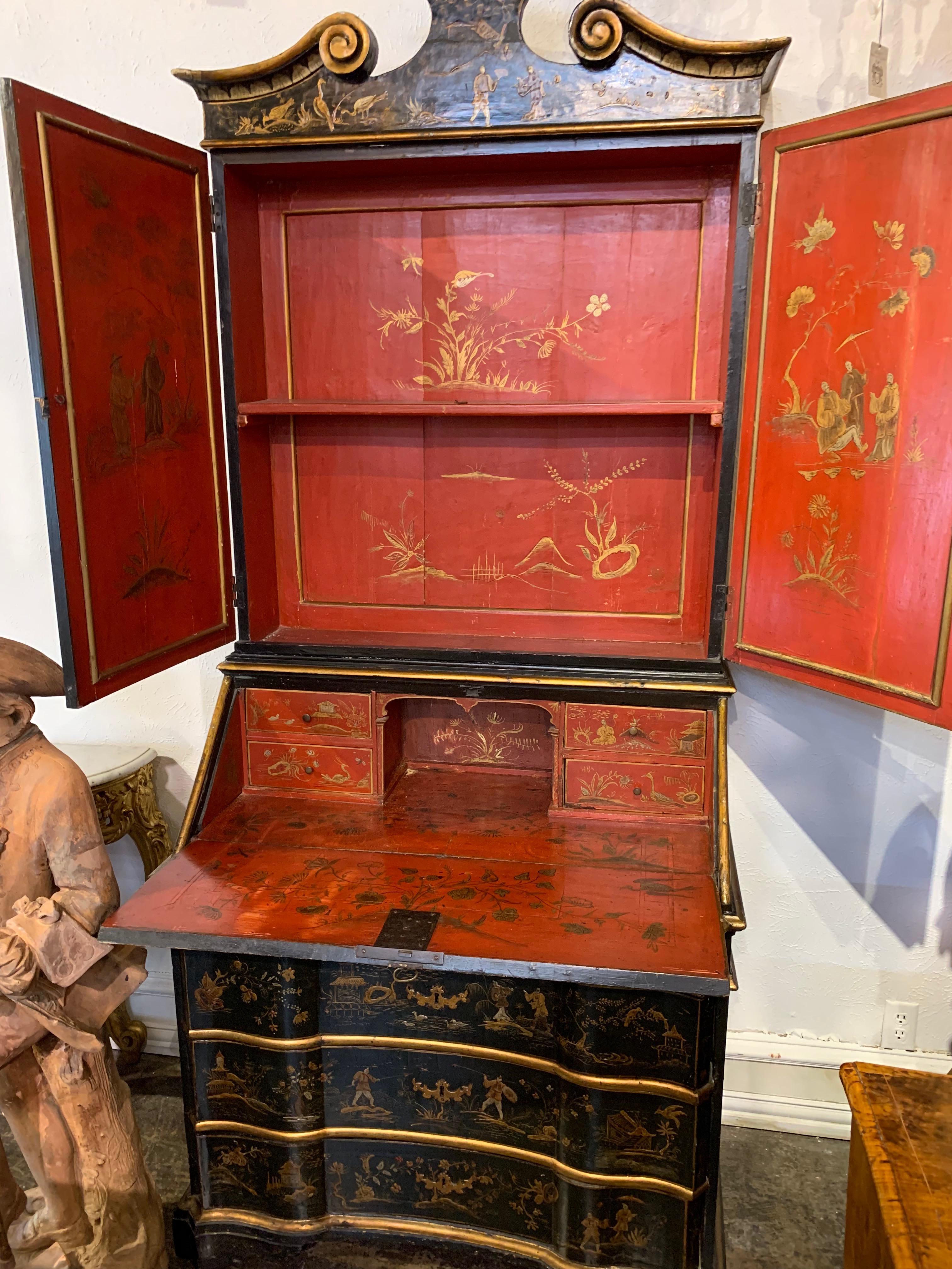 19th Century Black Lacquered Secretary with Raised Chinoiserie Design 1