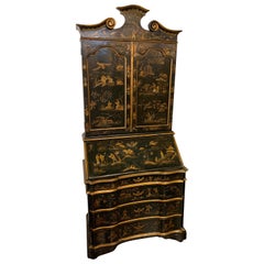 19th Century Black Lacquered Secretary with Raised Chinoiserie Design