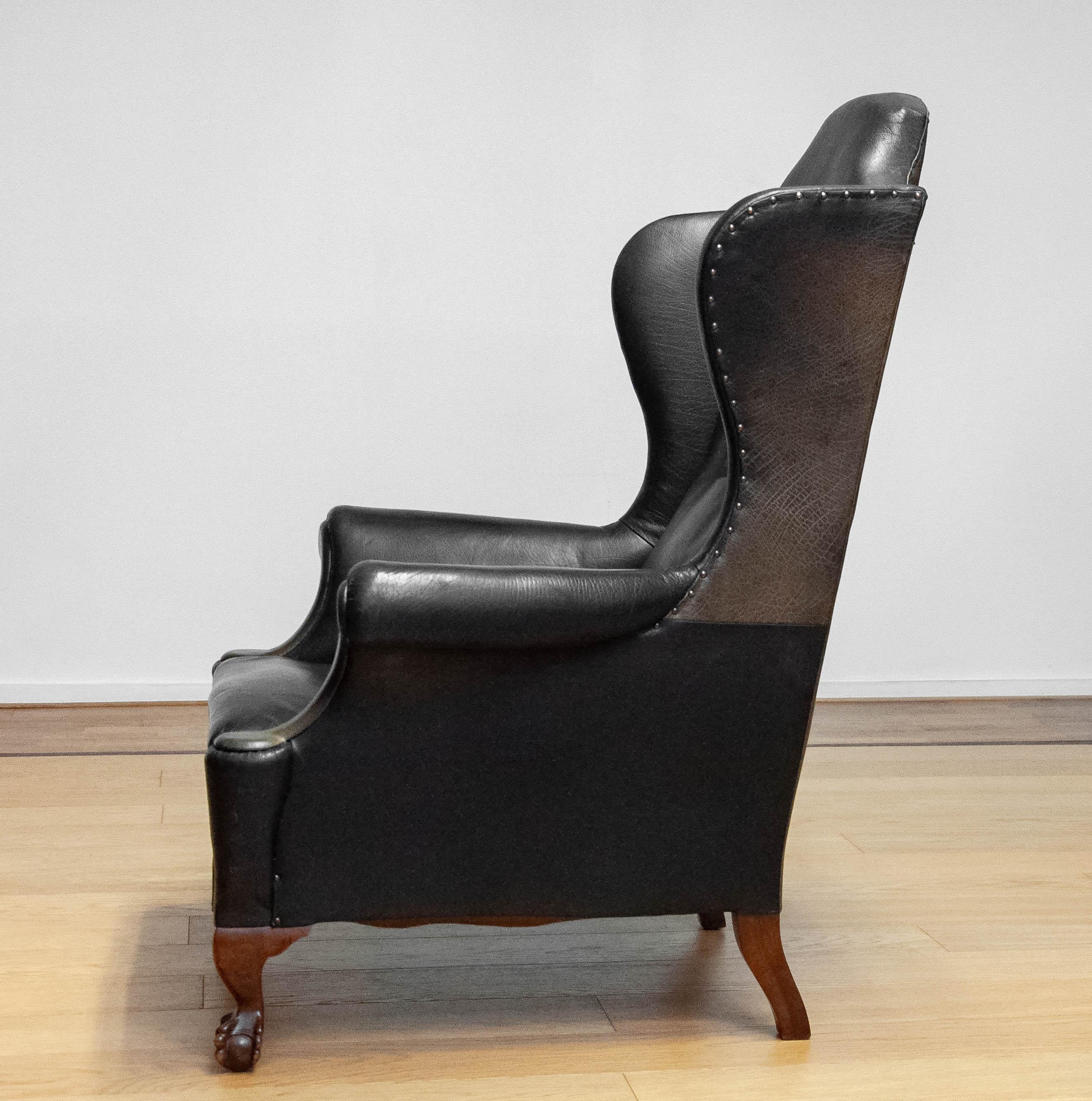 19th Century Black Leather Chippendale Wingback Chair With Claw And Ball Feet For Sale 5