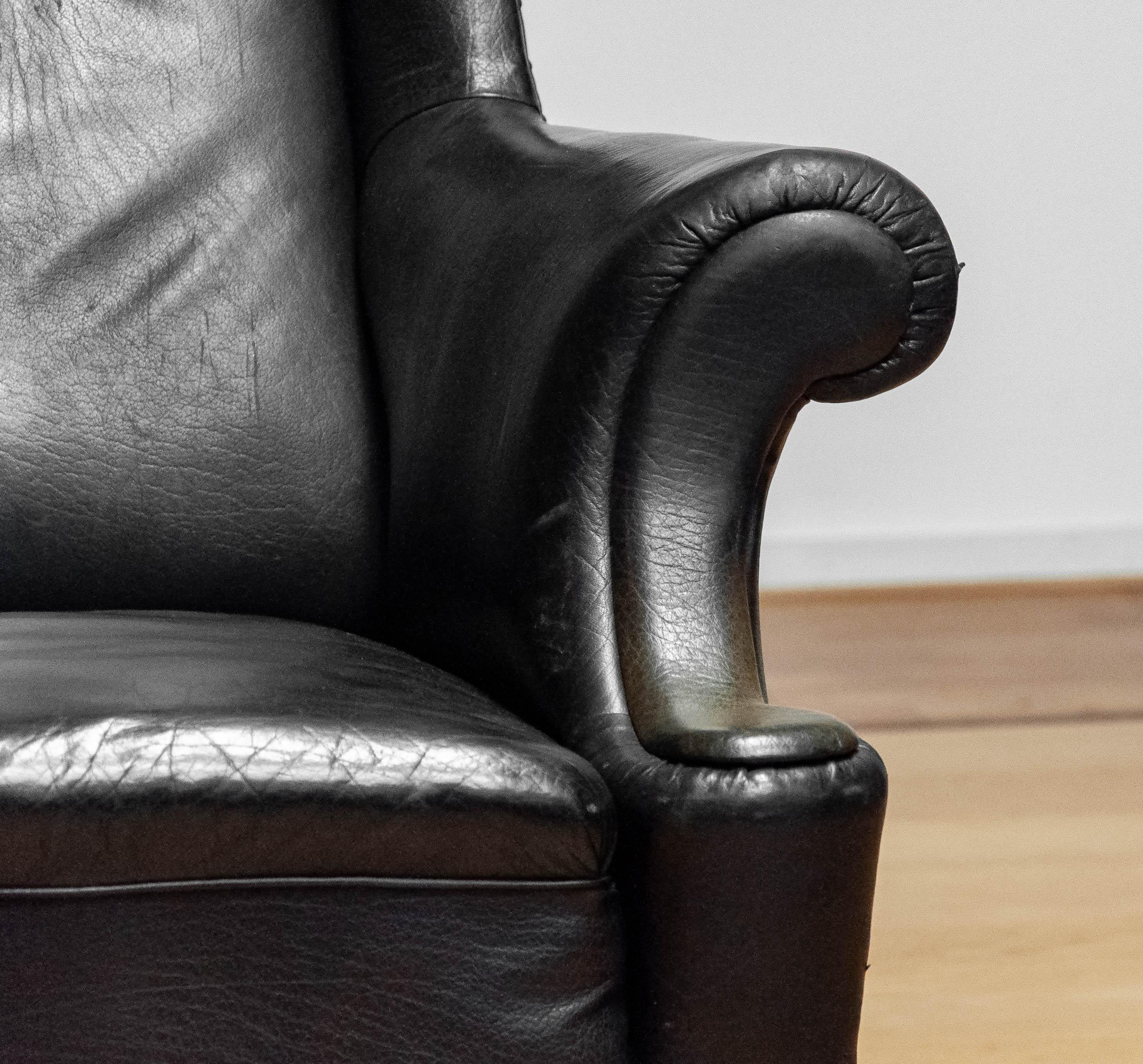 19th Century Black Leather Chippendale Wingback Chair With Claw And Ball Feet For Sale 1