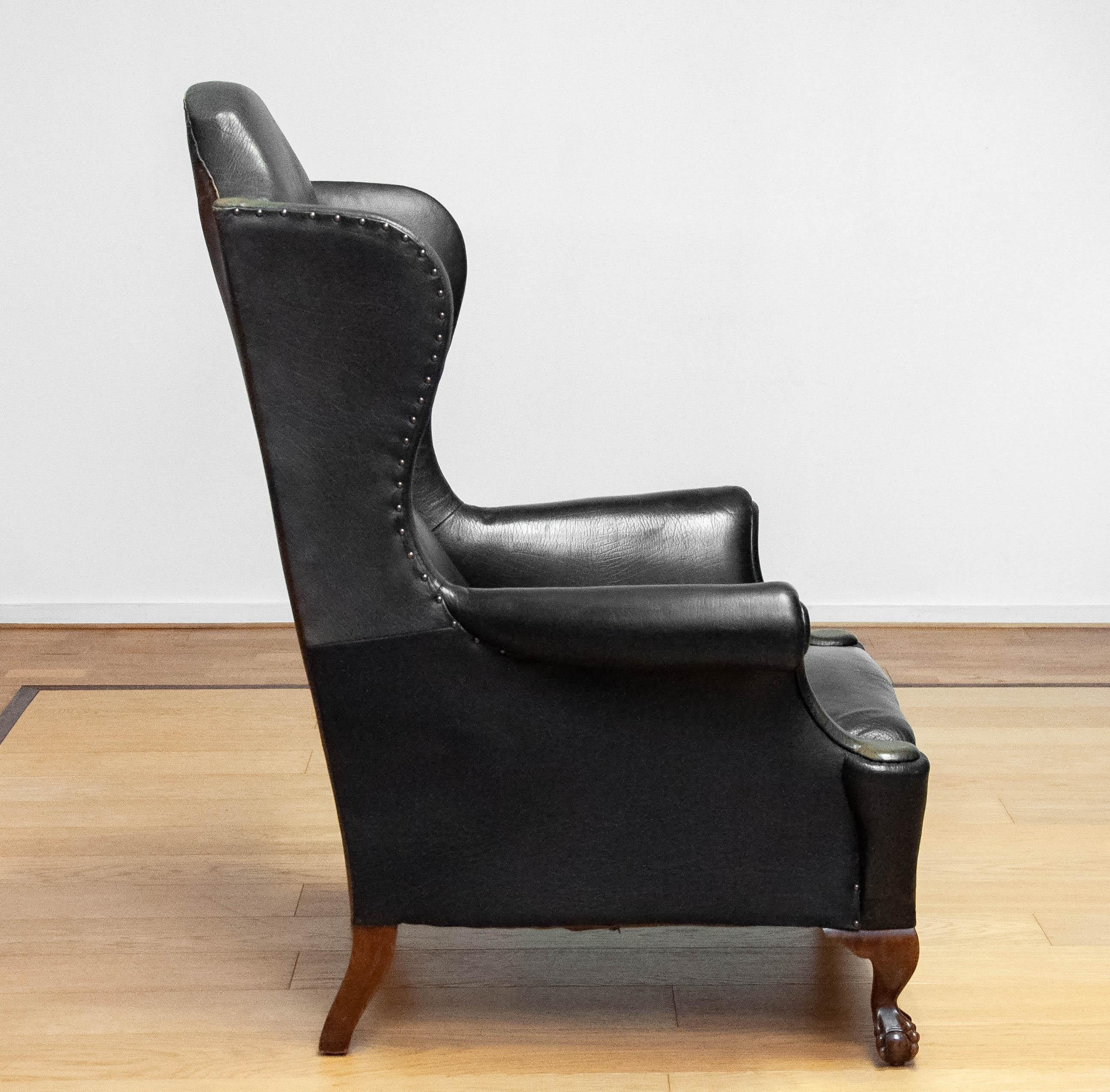 19th Century Black Leather Chippendale Wingback Chair With Claw And Ball Feet For Sale 3