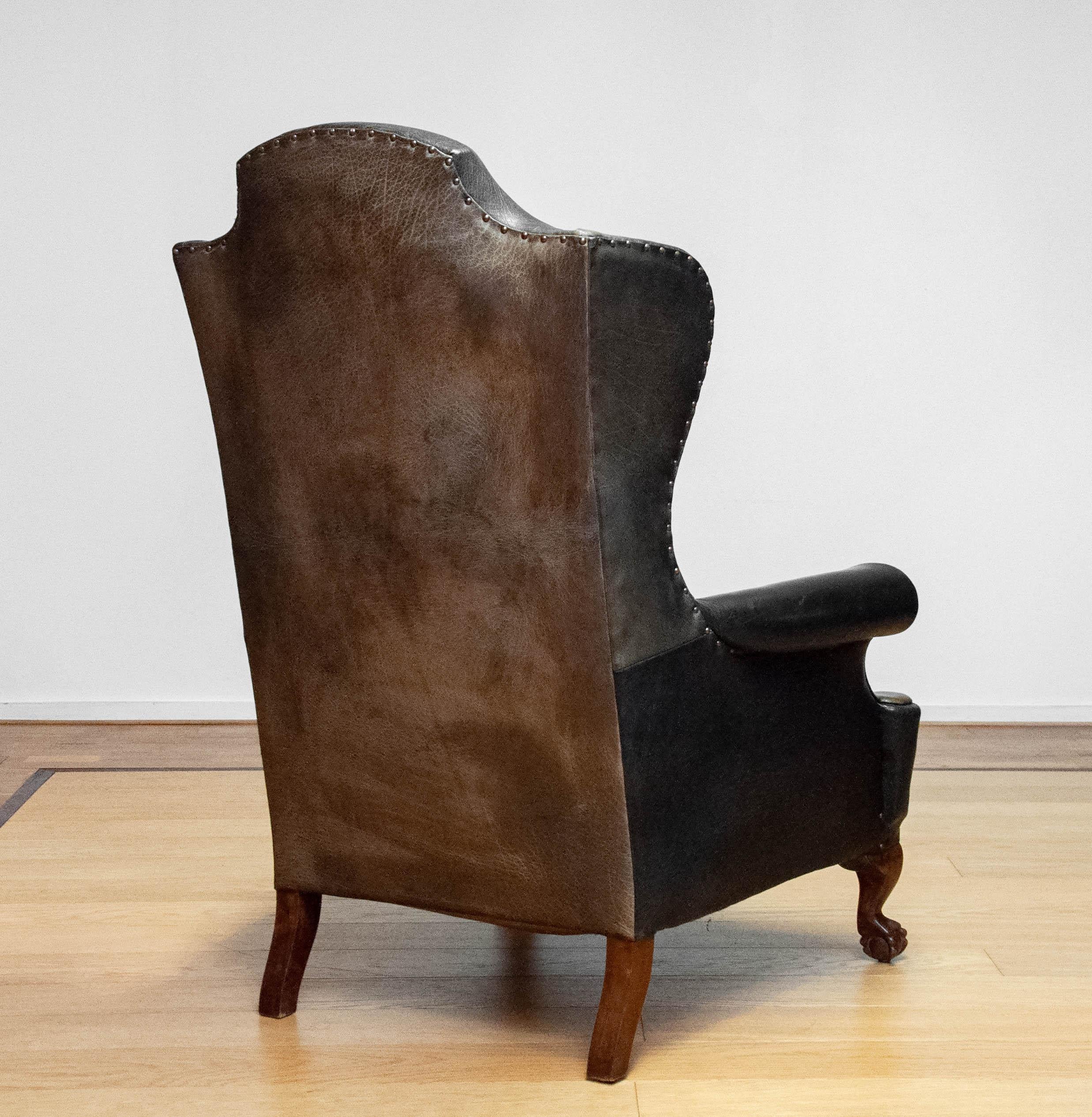 19th Century Black Leather Chippendale Wingback Chair With Claw And Ball Feet For Sale 3