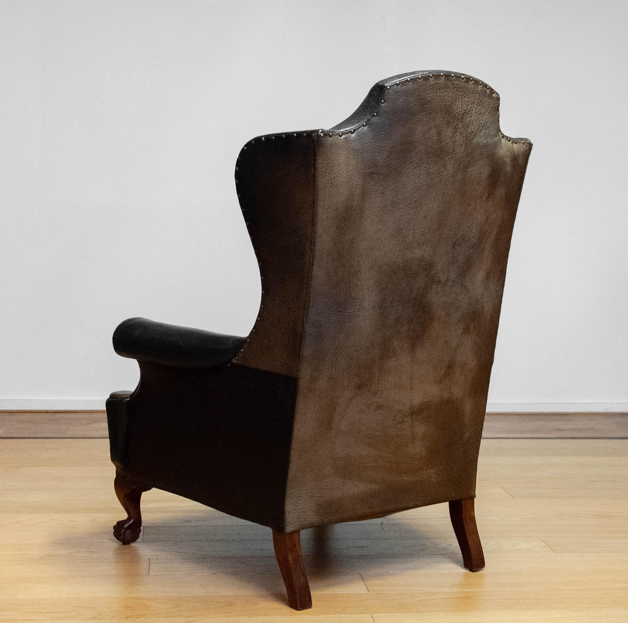 19th Century Black Leather Chippendale Wingback Chair With Claw And Ball Feet For Sale 5