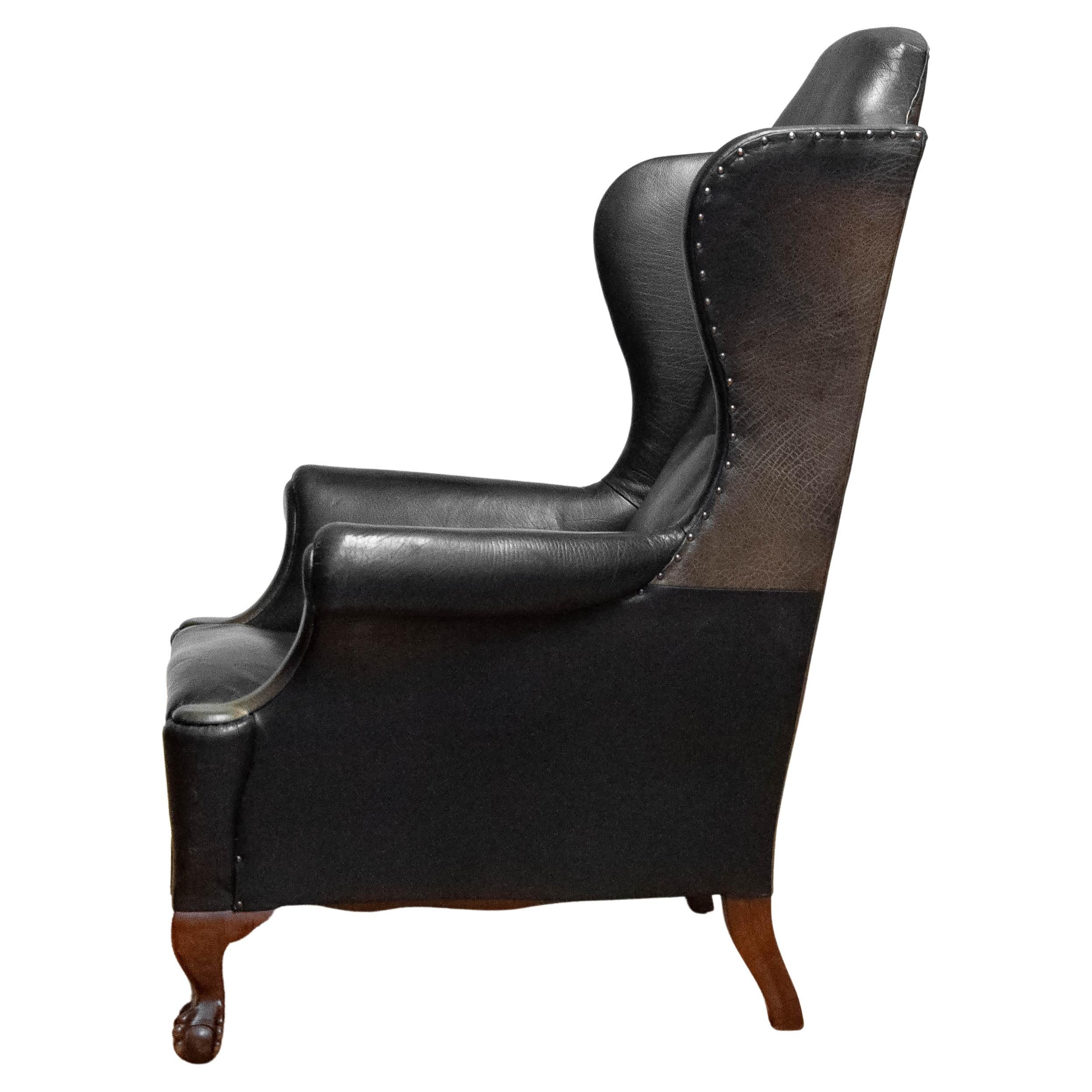 19th Century Black Leather Chippendale Wingback Chair With Claw And Ball Feet For Sale