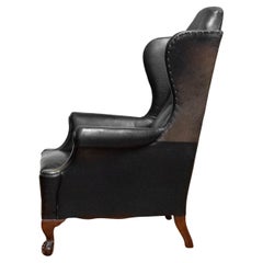 19th Century Black Leather Chippendale Wingback Chair With Claw And Ball Feet