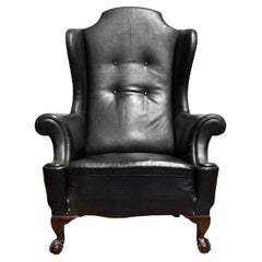 19th Century Black Leather Chippendale Wingback Chair With Claw And Ball Feet