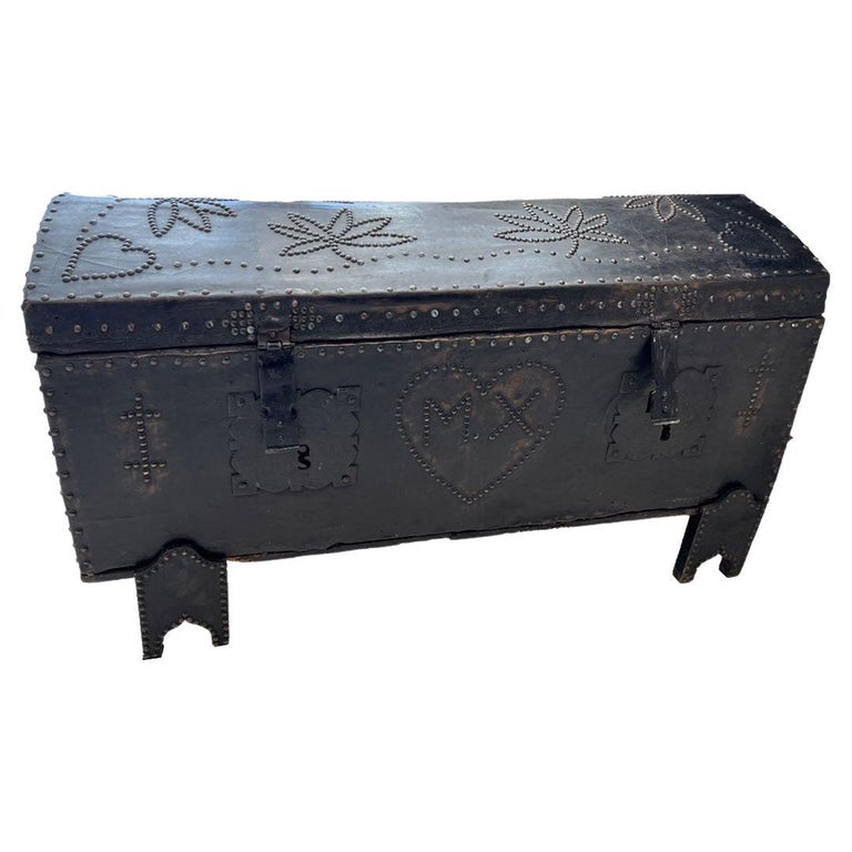 19th Century Black Leather Trunk on Stand, MX Monogram For Sale at 1stDibs